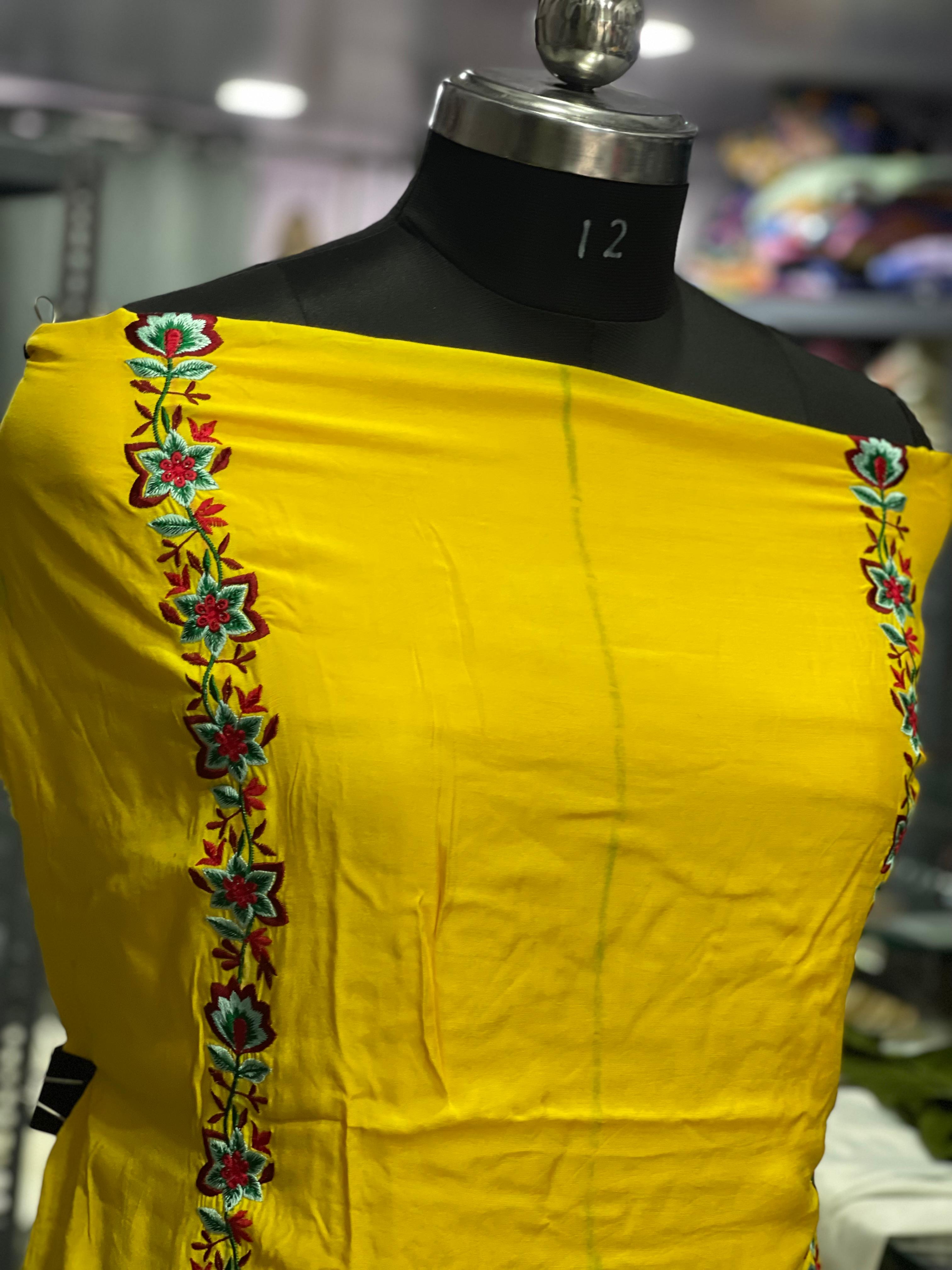 AC084 | Medol Suit || Yellow Suit || Thread Work Suit || Party Wear Suit || Jaggo  ||   Yellow Embroidered Dress Fabric
