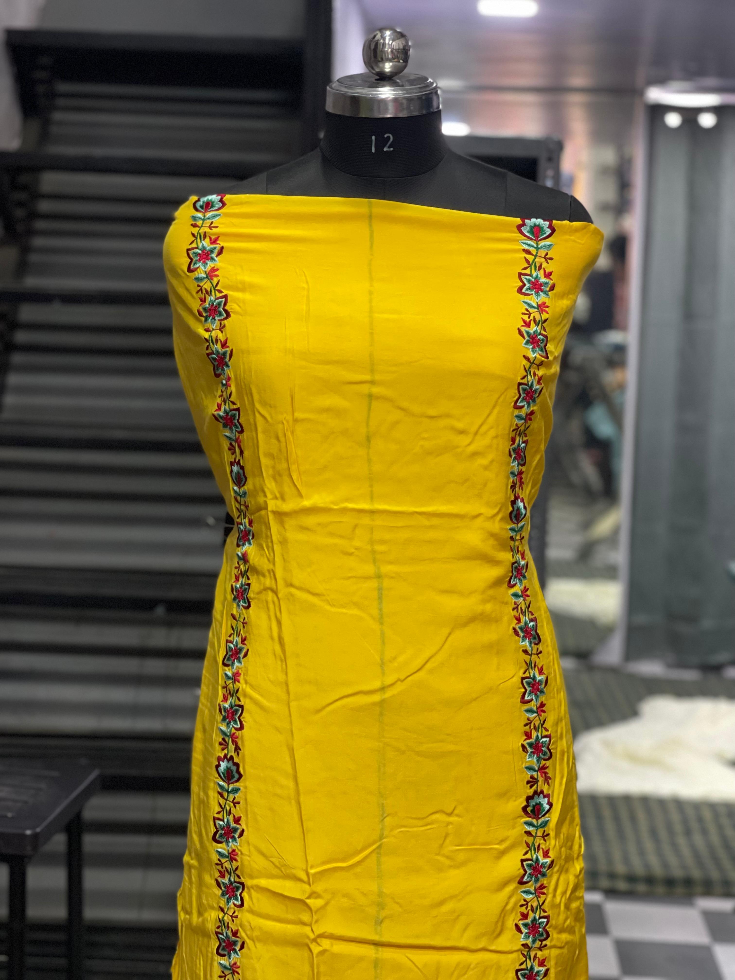 AC084 | Medol Suit || Yellow Suit || Thread Work Suit || Party Wear Suit || Jaggo  ||   Yellow Embroidered Dress Fabric