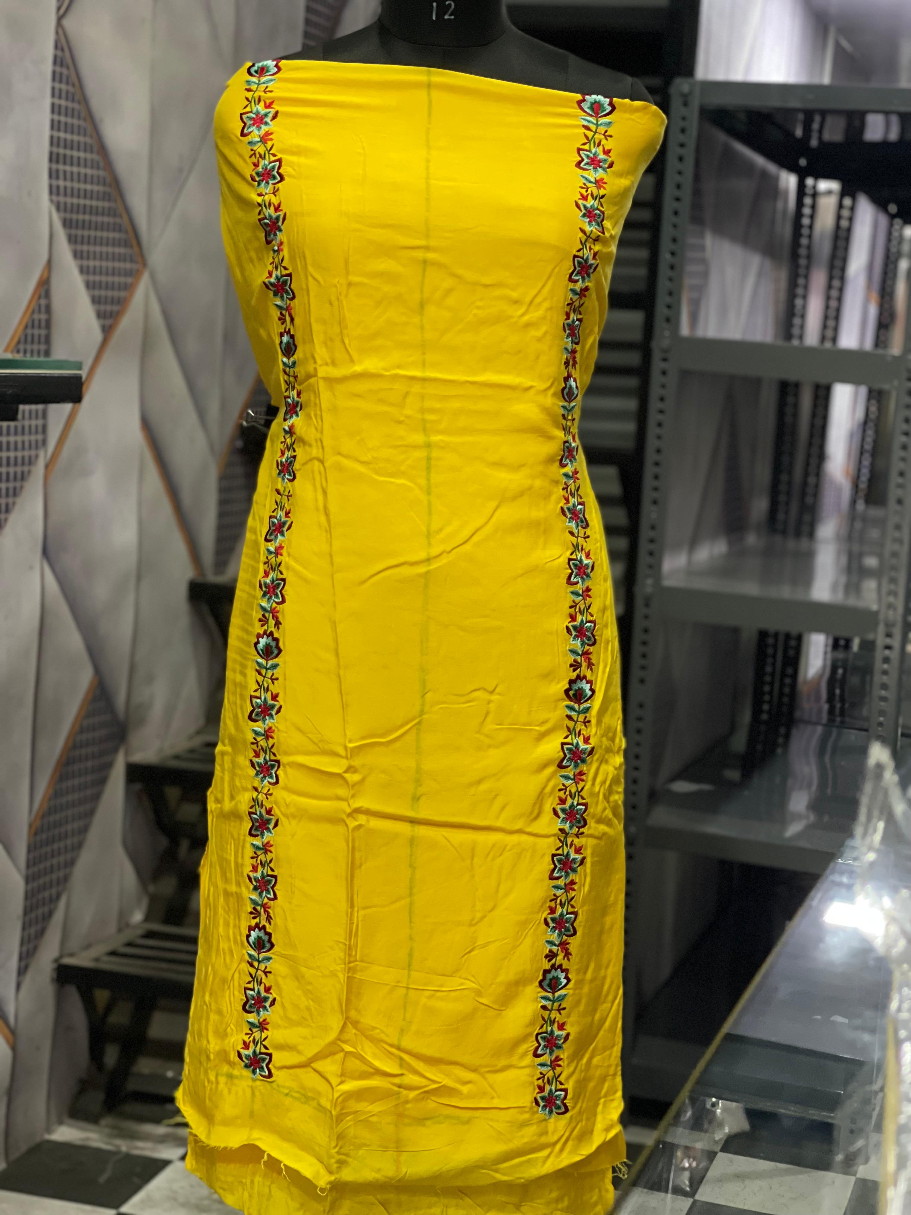 AC084 | Medol Suit || Yellow Suit || Thread Work Suit || Party Wear Suit || Jaggo  ||   Yellow Embroidered Dress Fabric