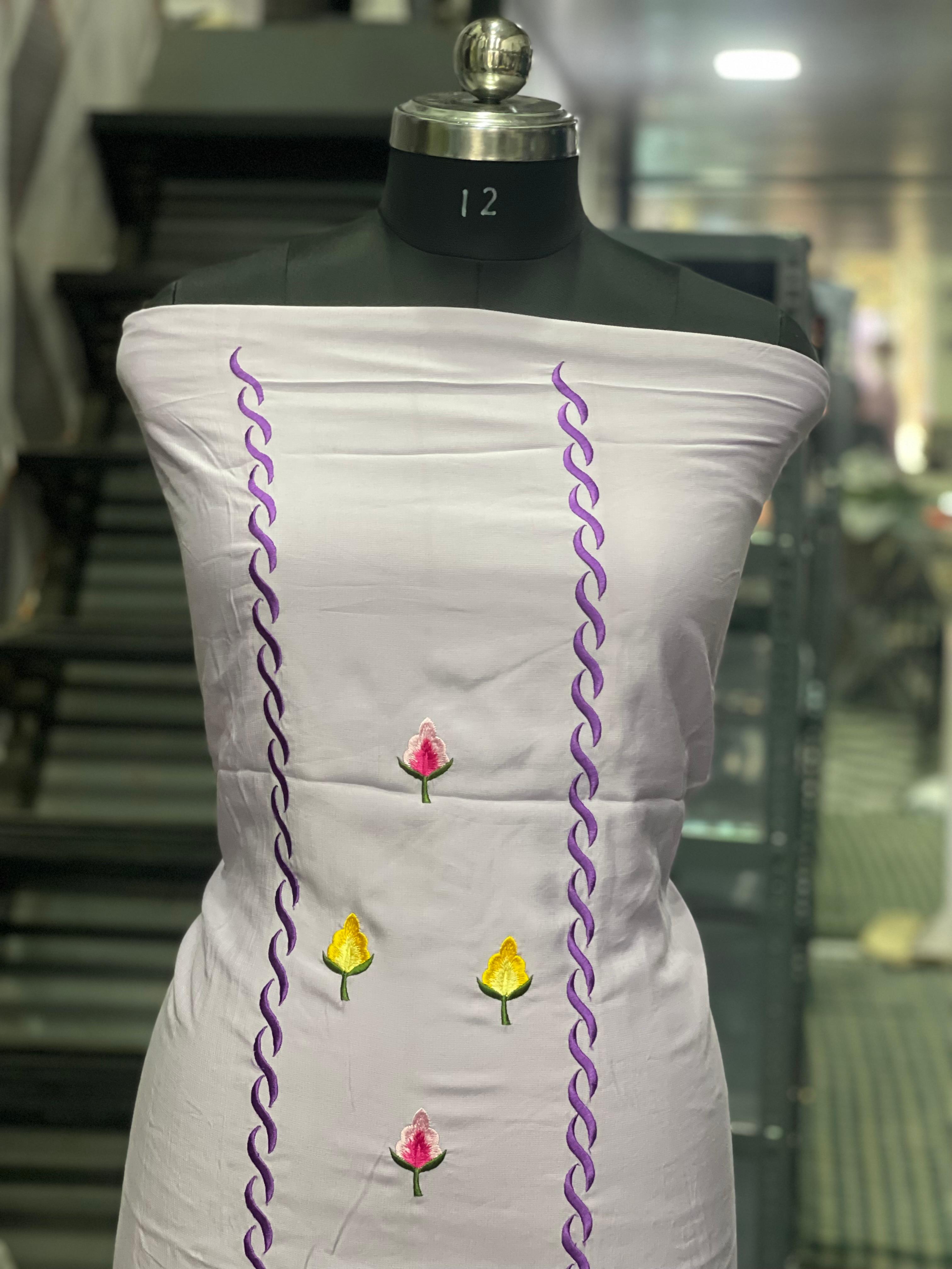 AC085 | Lavender Suit || Machine Work || Party Wear || Casual Wear || Embroidered Cotton Dress Material