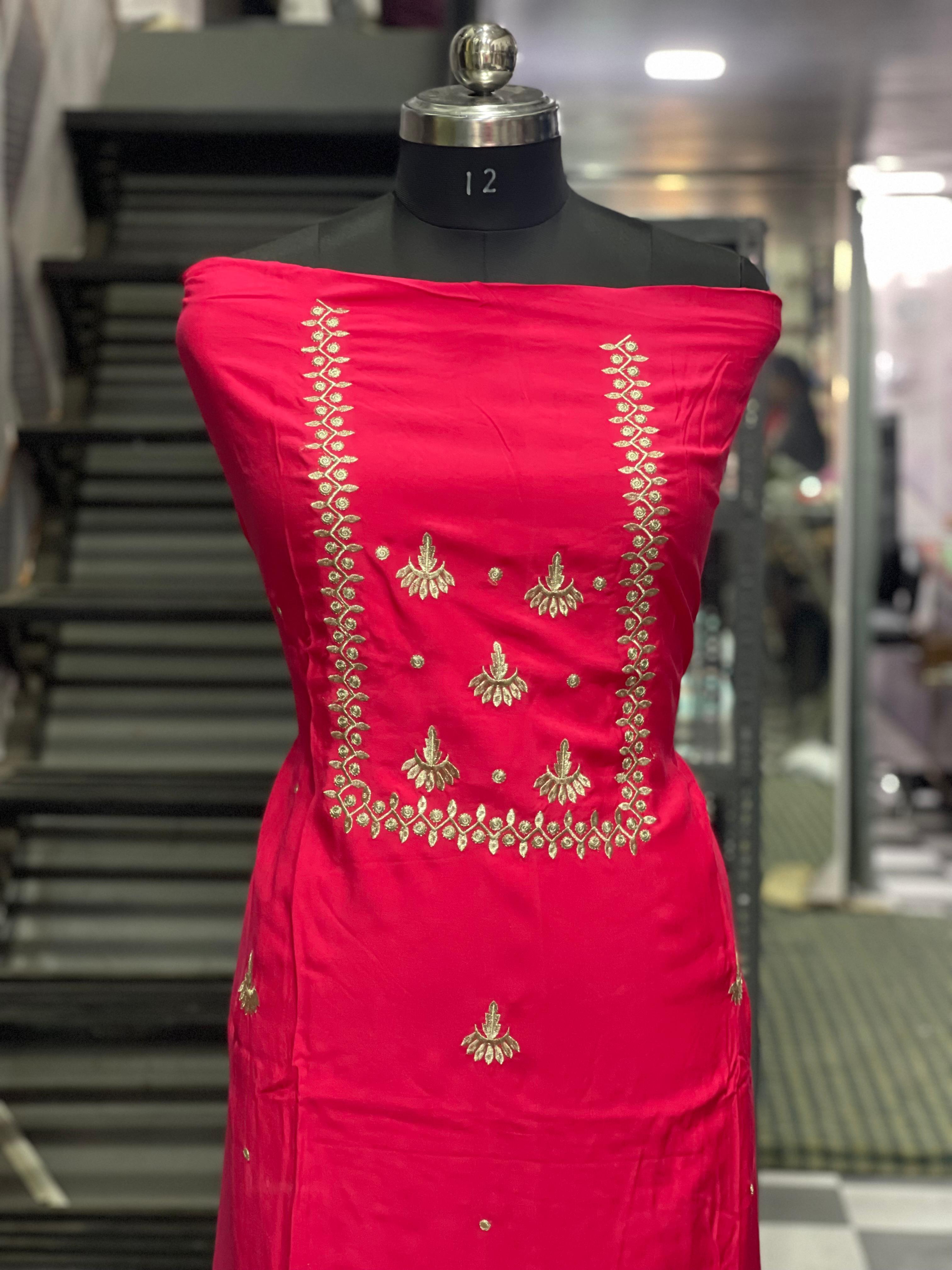  AC099 | Red Suit || Machine Work || Zerri Work || Embroidered Red Dress Material