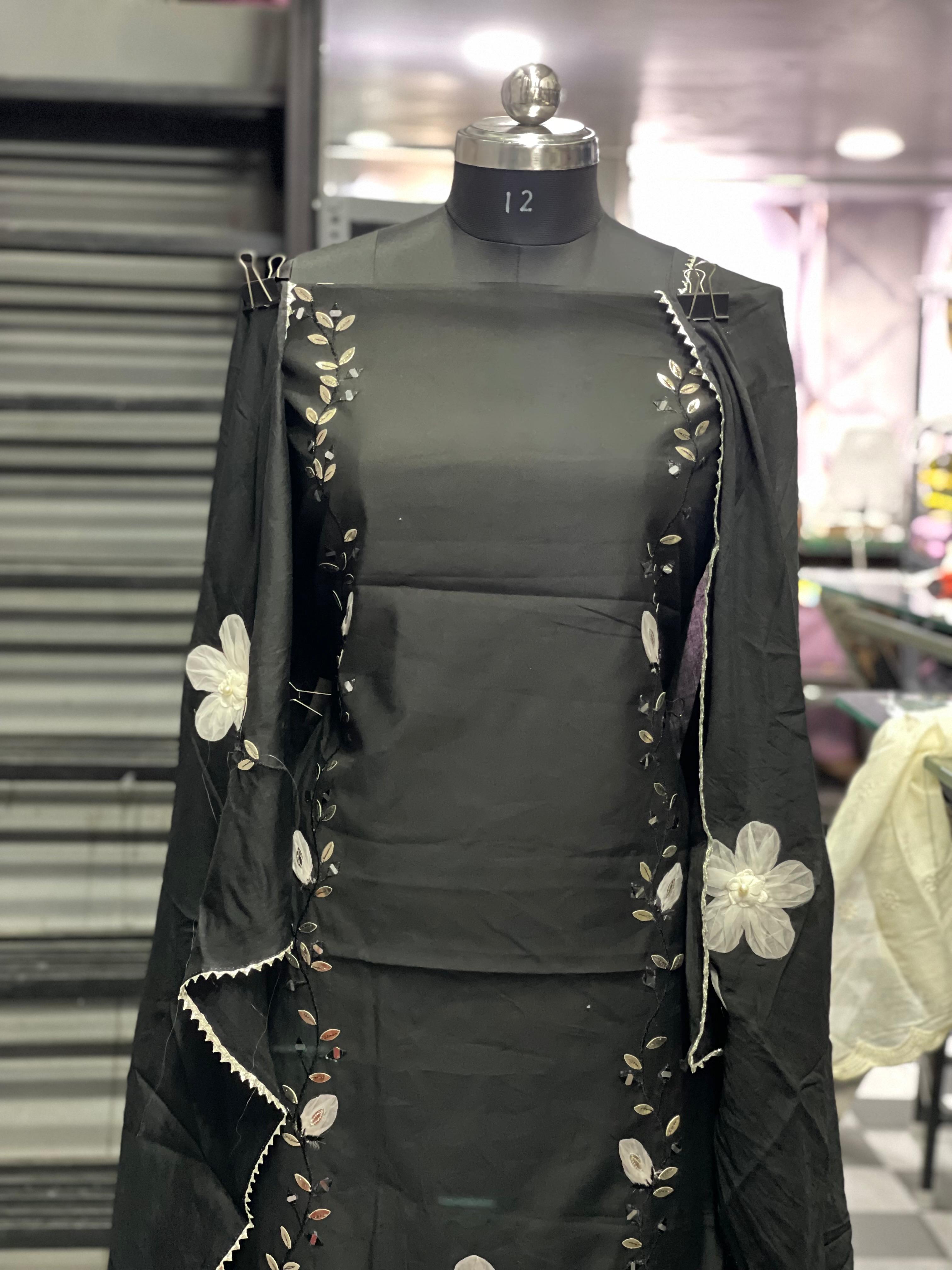 AC077 | Muslin Cotton Suit || Muslin Duppatta || Black Suit || Thread Work || Party Wear || Jaggo || Ring Ceremony || Elegant Black Embroidered Fabric
