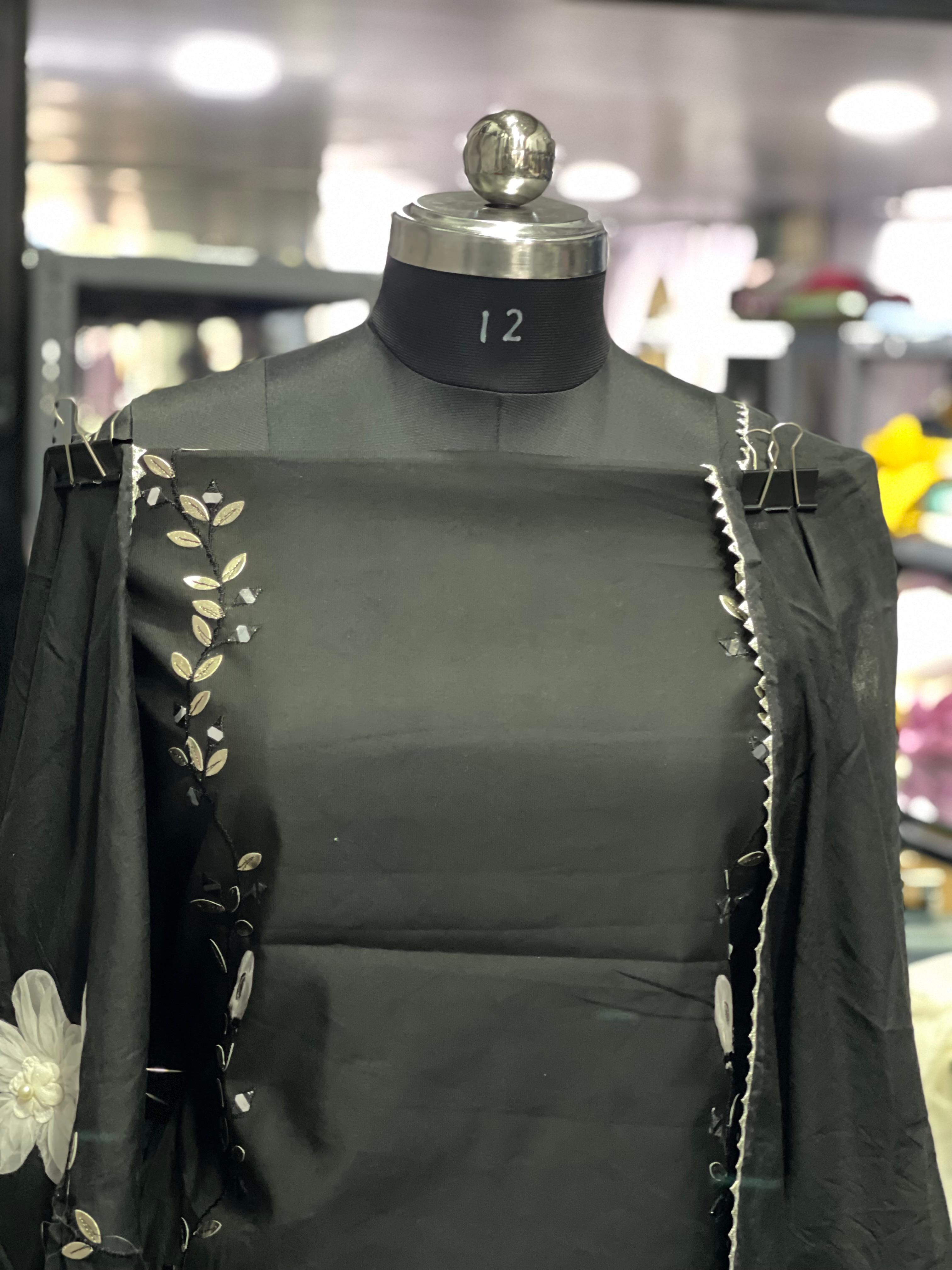 AC077 | Muslin Cotton Suit || Muslin Duppatta || Black Suit || Thread Work || Party Wear || Jaggo || Ring Ceremony || Elegant Black Embroidered Fabric
