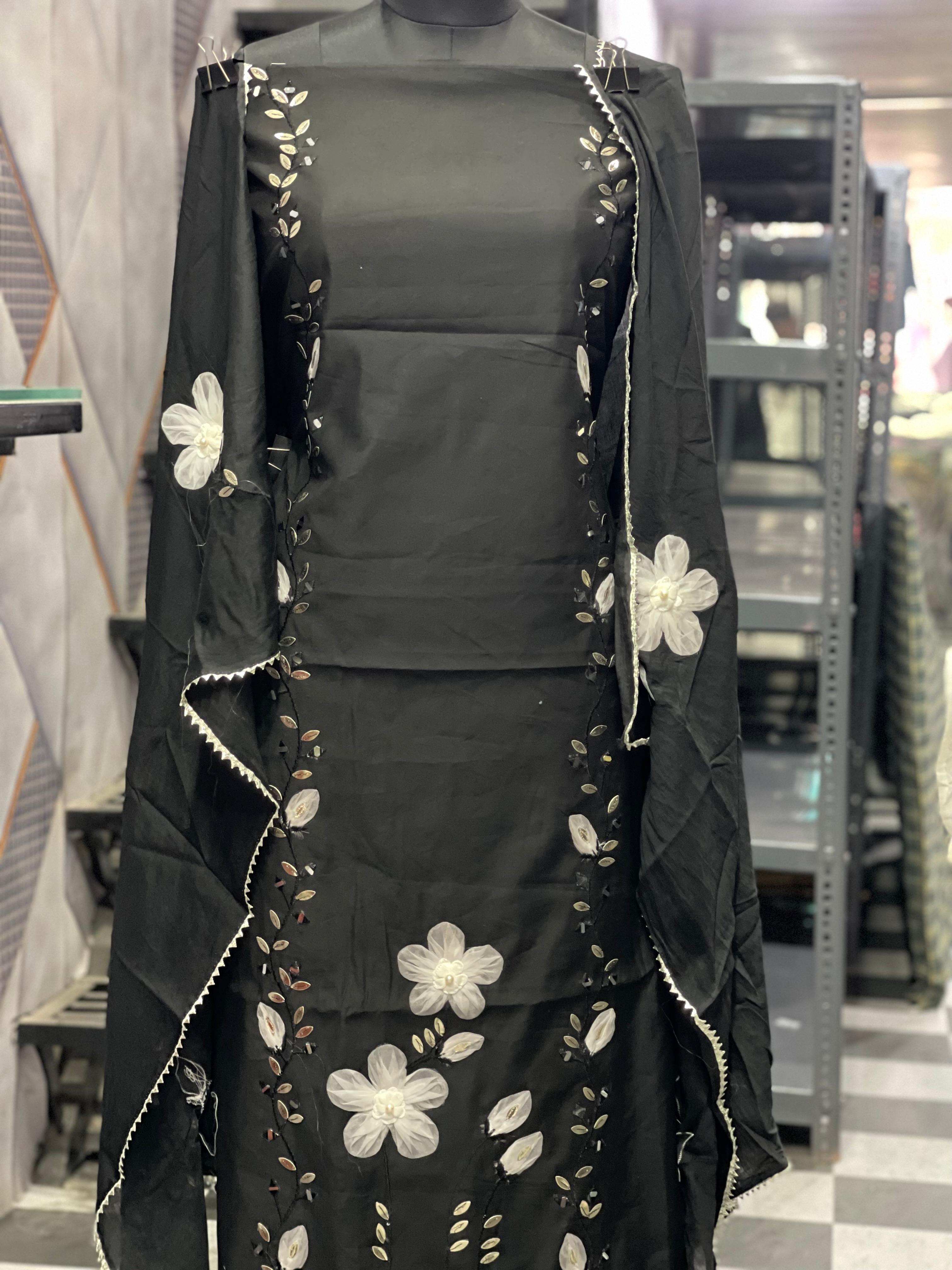 AC077 | Muslin Cotton Suit || Muslin Duppatta || Black Suit || Thread Work || Party Wear || Jaggo || Ring Ceremony || Elegant Black Embroidered Fabric