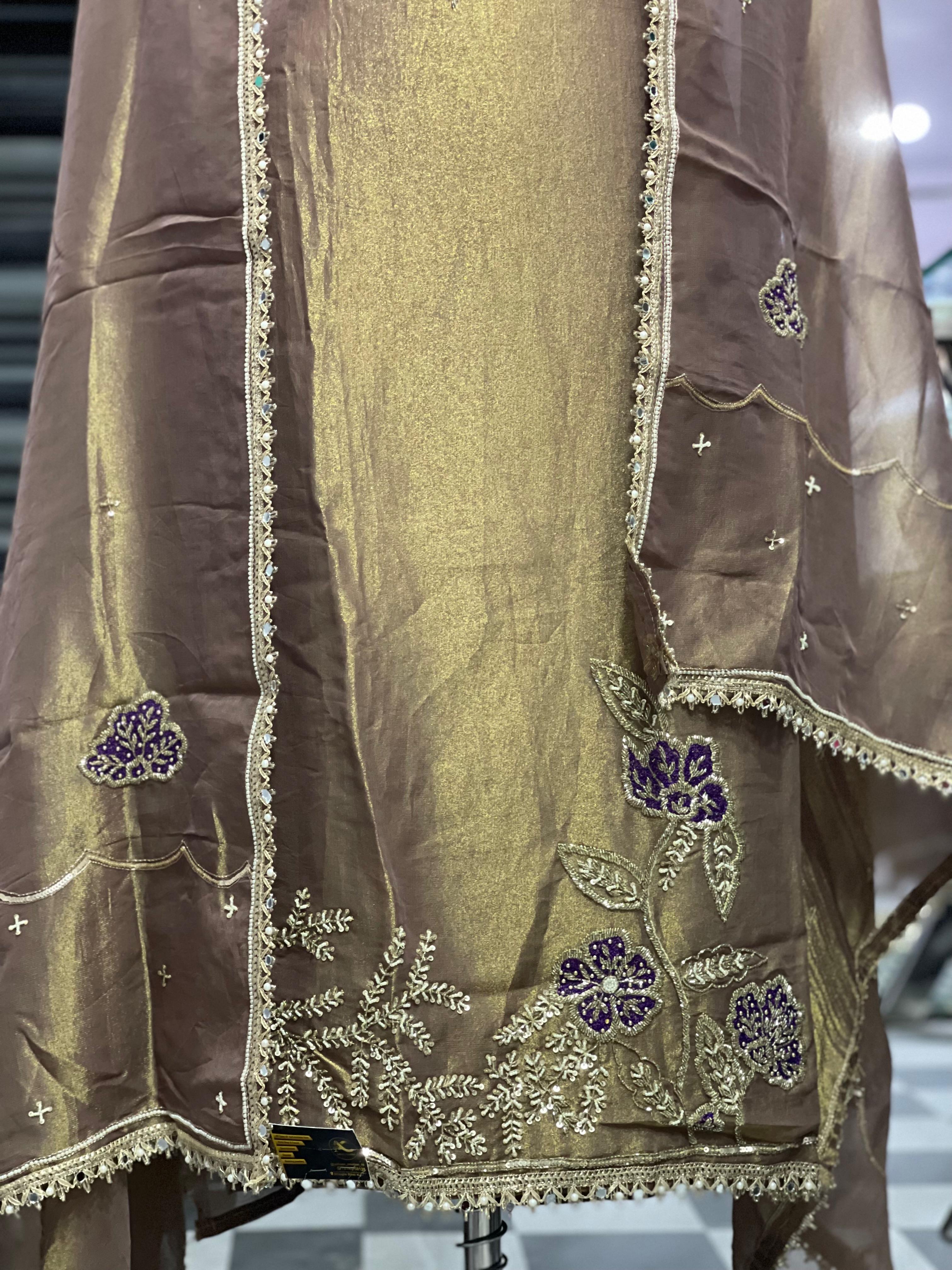  AC136 | Golden Brown Suit | Shimmer Orginza Stuff | Hand work | Jaggo  | Party Wear | Festivel 