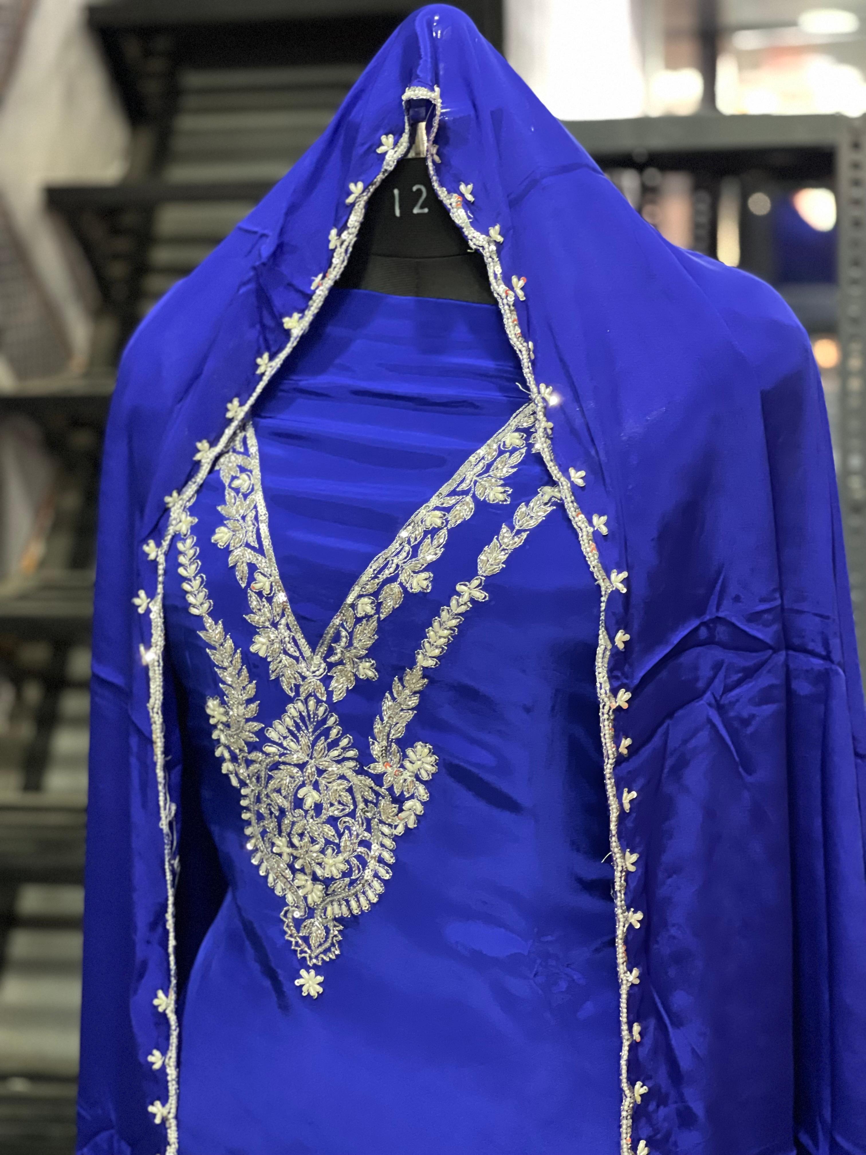 AC142 | Royal Blue Embroidered Dress | Creape Stuff | Jaggo | Party Wear | Ring Ceremony |