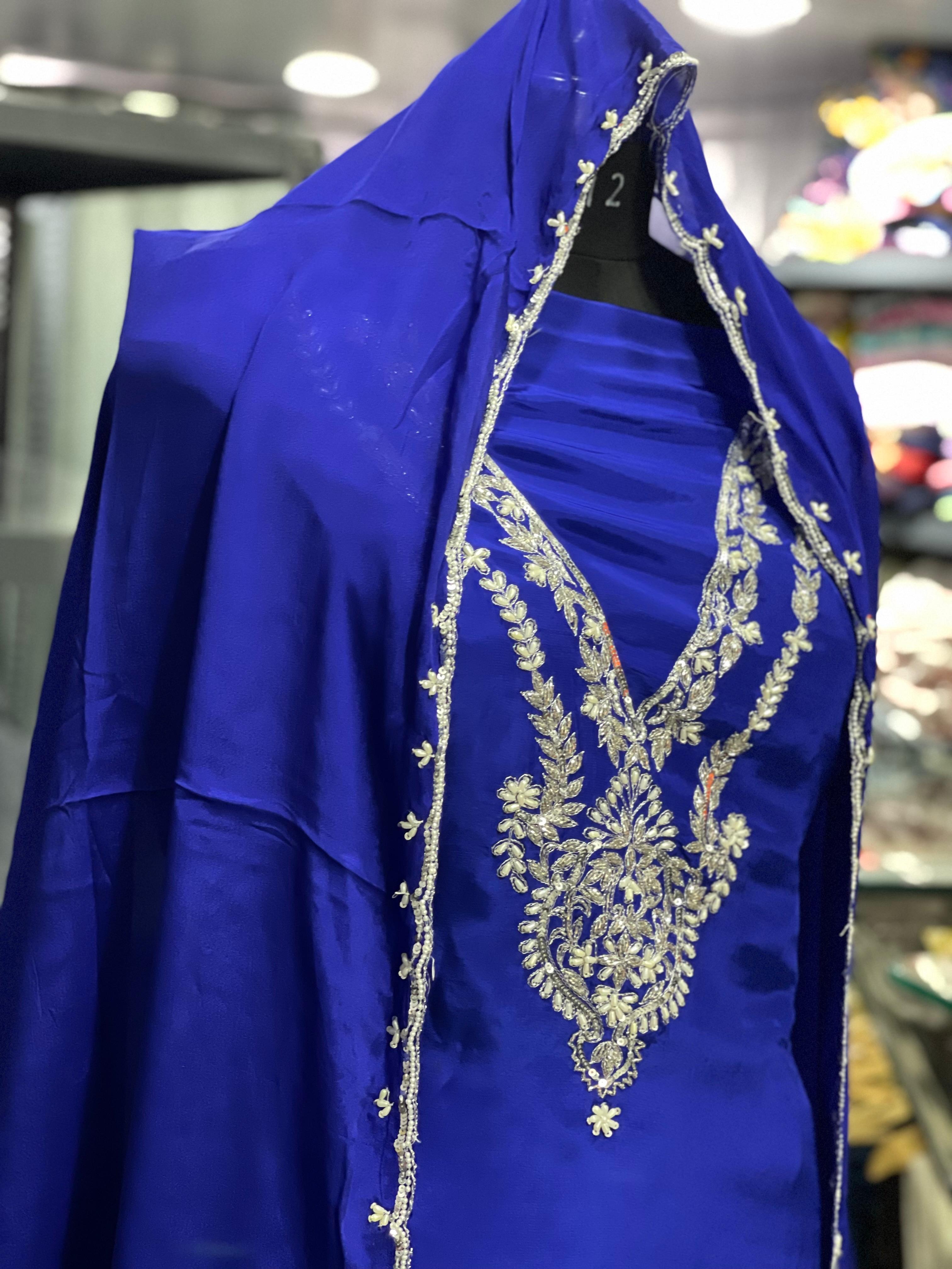  AC142 | Royal Blue Embroidered Dress | Creape Stuff | Jaggo | Party Wear | Ring Ceremony | 