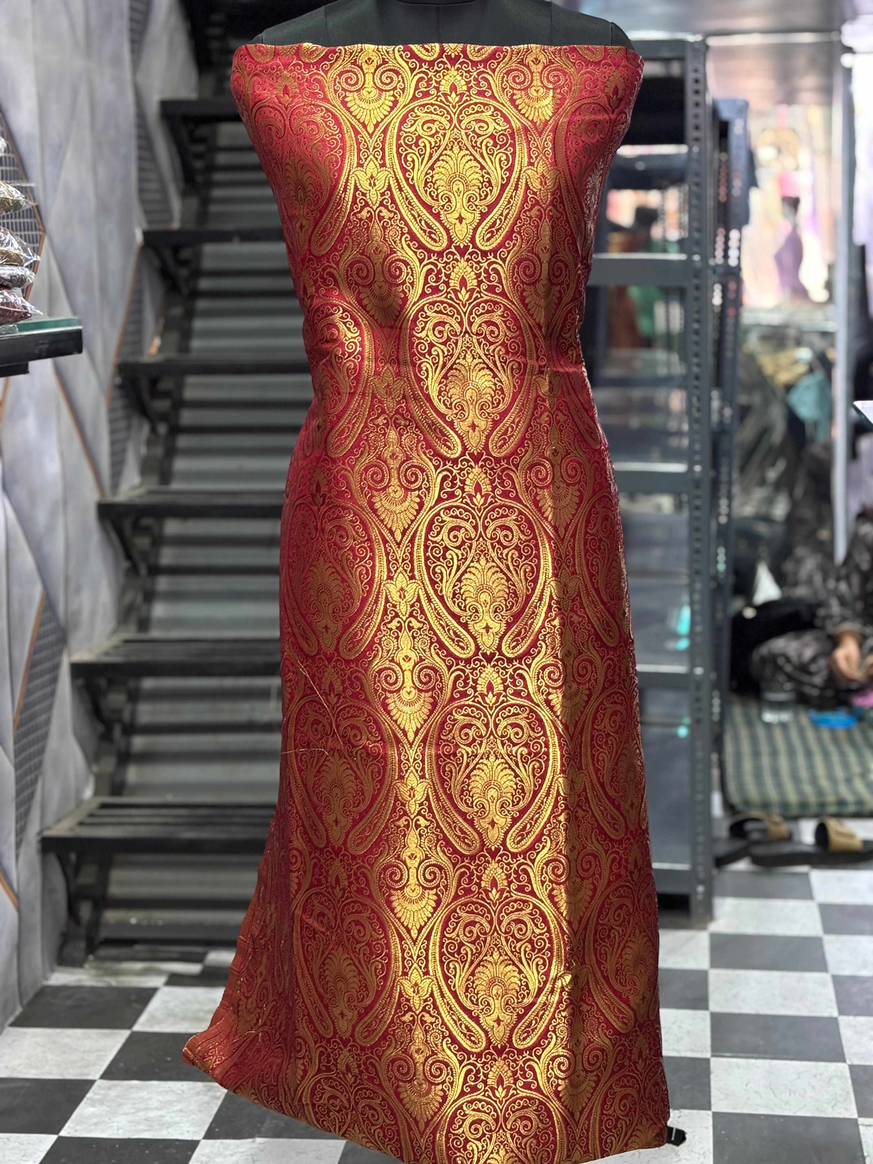  AC112 | Red and Gold Brocade Fabric | khim Khaab | Party Wear | jaggo | Ring Cermoney