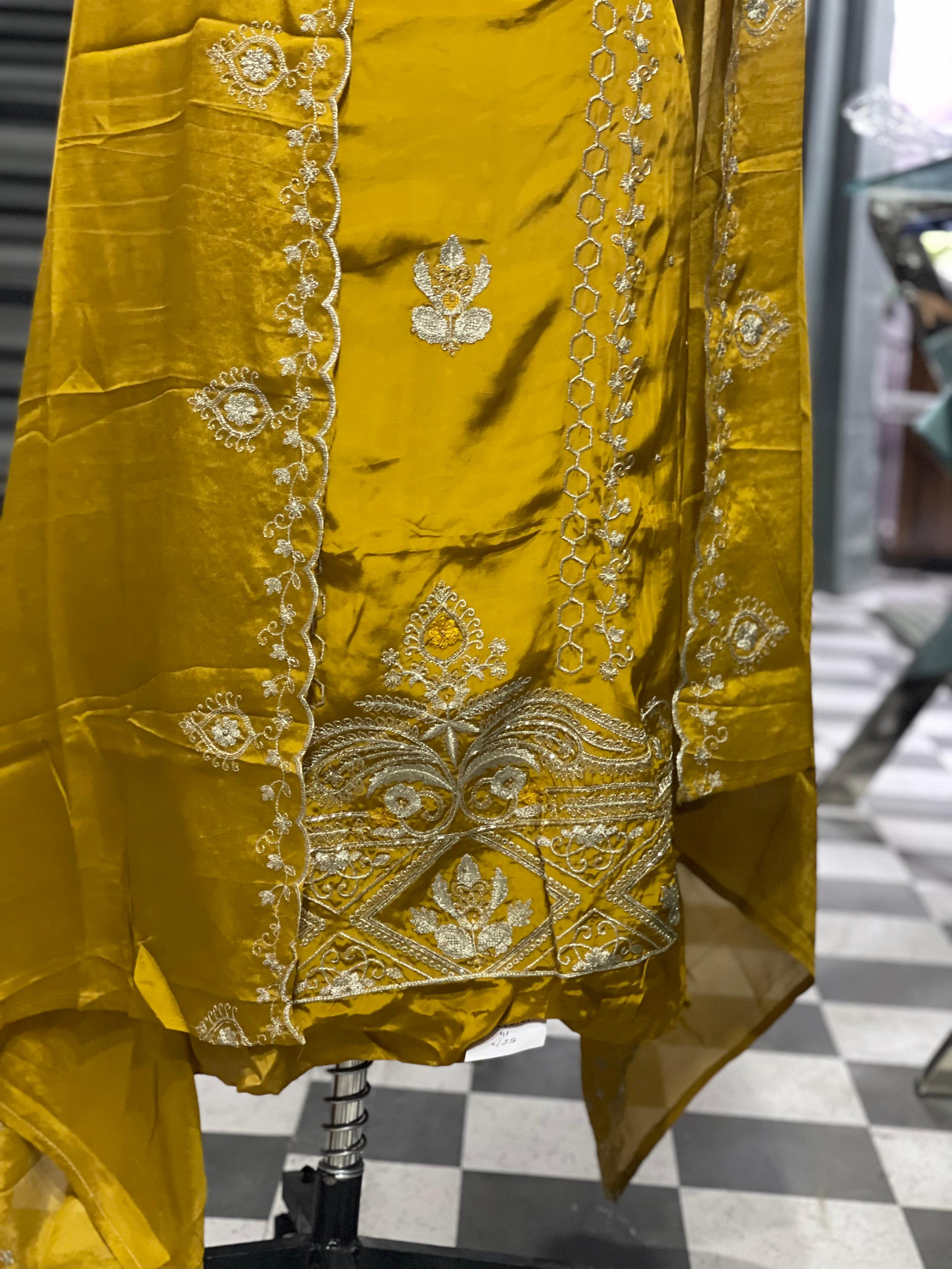  AC114 | Mustard Yellow Suit | Creape Stuff | Zari With Hand Work | Jaggo | Ring Cermony | Party Wear 