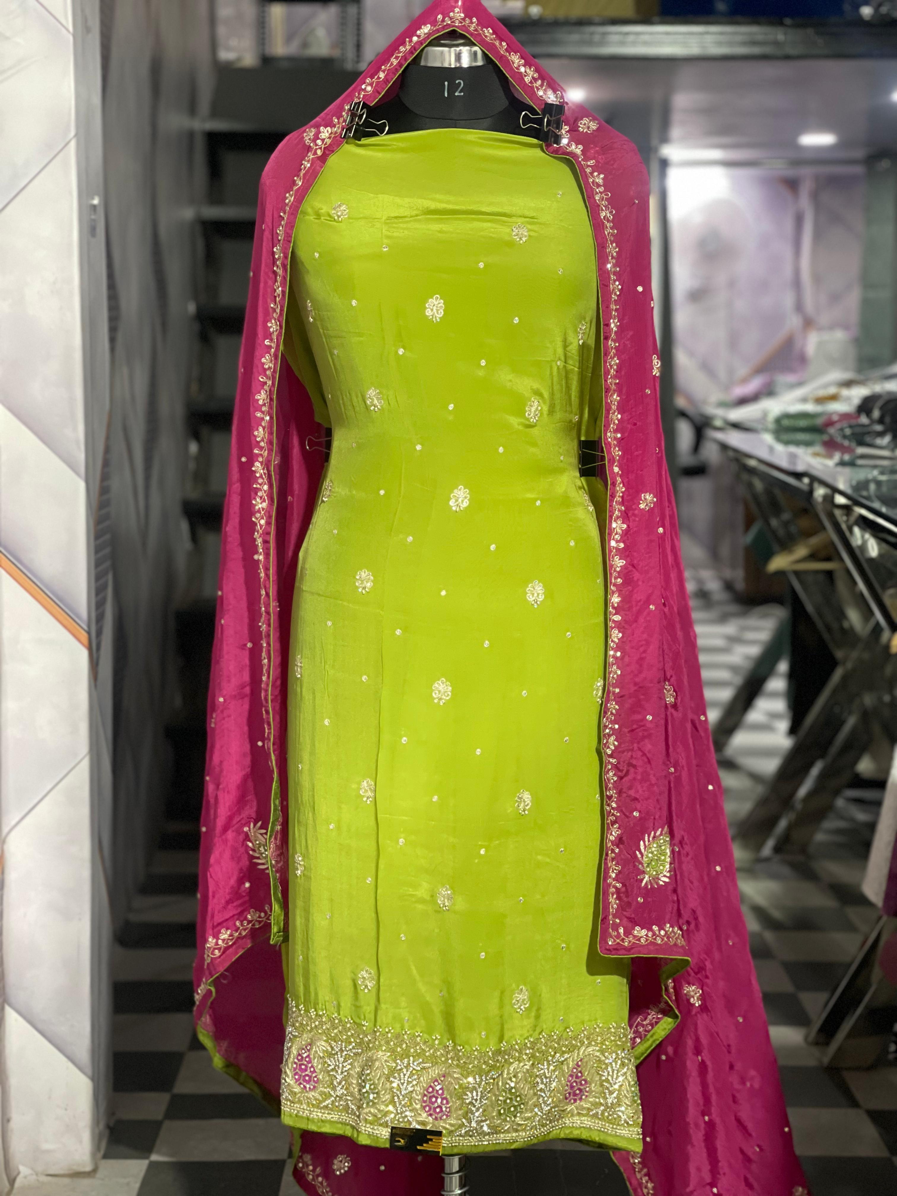  AC126 | Green Silk || Pink Dupatta || Creave Suit || Party Wear Suit || Hand Work || Zari Work