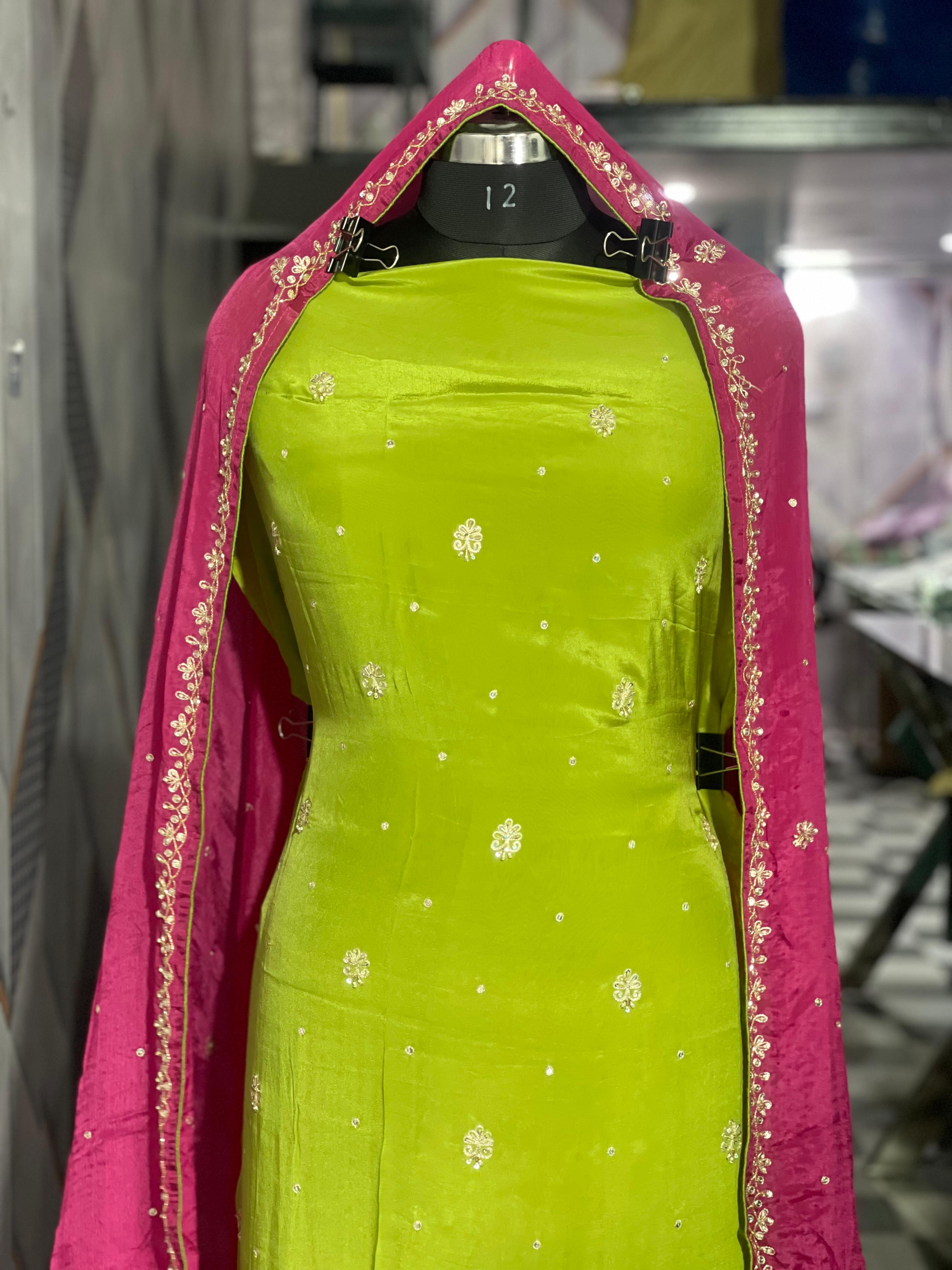  AC126 | Green Silk || Pink Dupatta || Creave Suit || Party Wear Suit || Hand Work || Zari Work