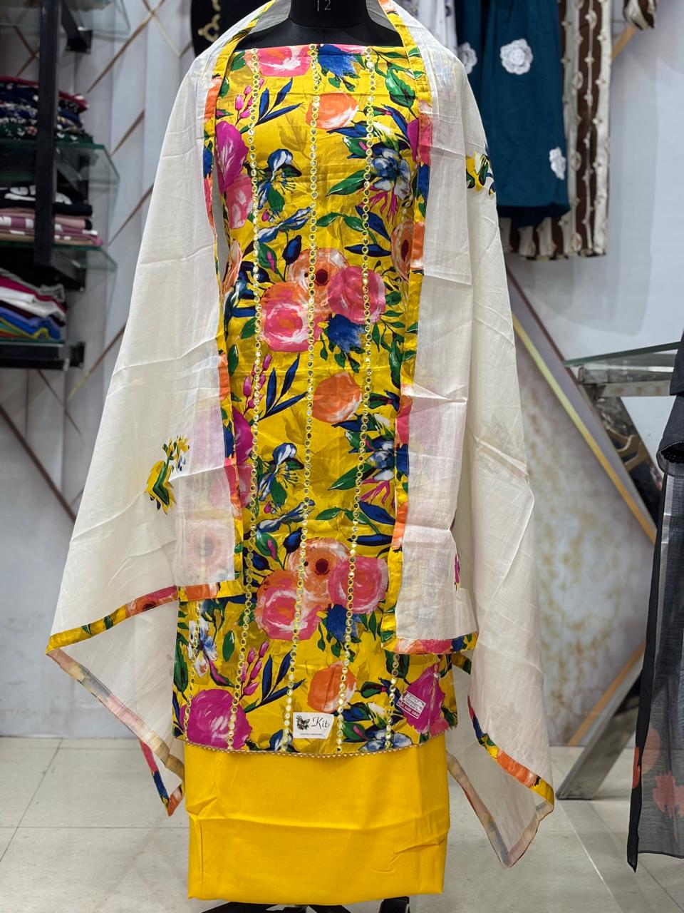 AC173 | Cotton Stuff | Floral Print Yellow Suit | Festivel Suit | Jaggo  | Office Wear | Casual Suit | Party Wear 