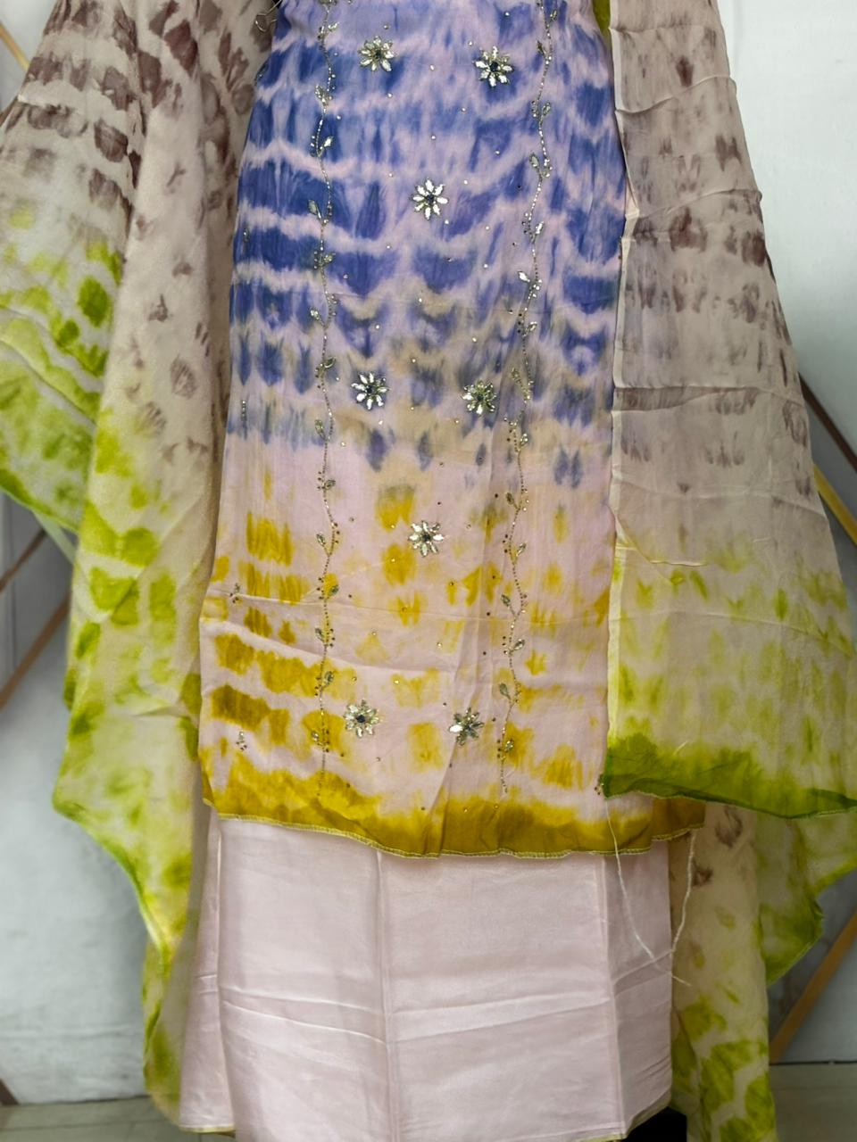 AC227 |  Tie-Dye Embroidered Suit | Organza Handwork shirt with Pada silk bottom | Party wear suit |Ofrice Wear