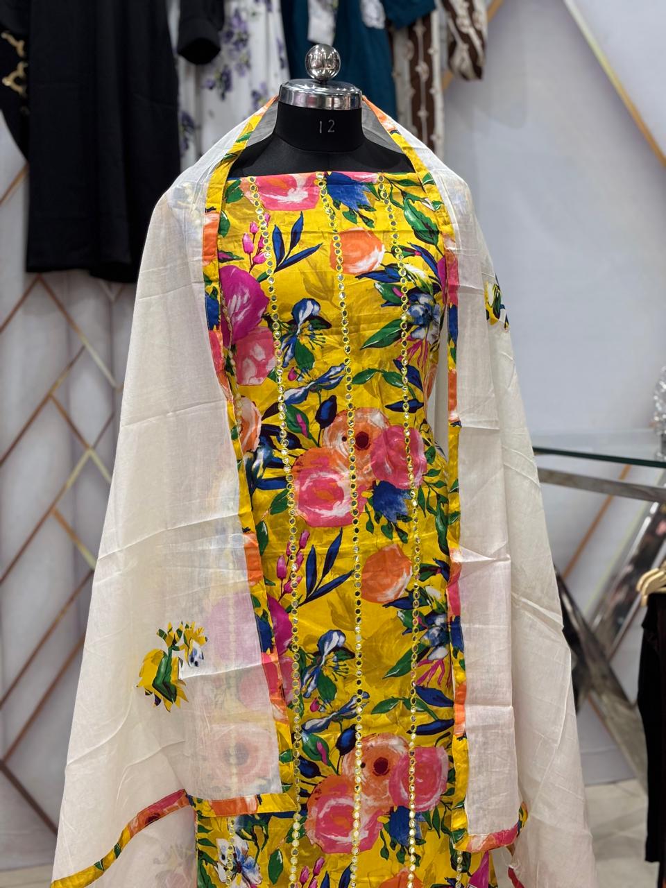 AC173 | Cotton Stuff | Floral Print Yellow Suit | Festivel Suit | Jaggo  | Office Wear | Casual Suit | Party Wear 