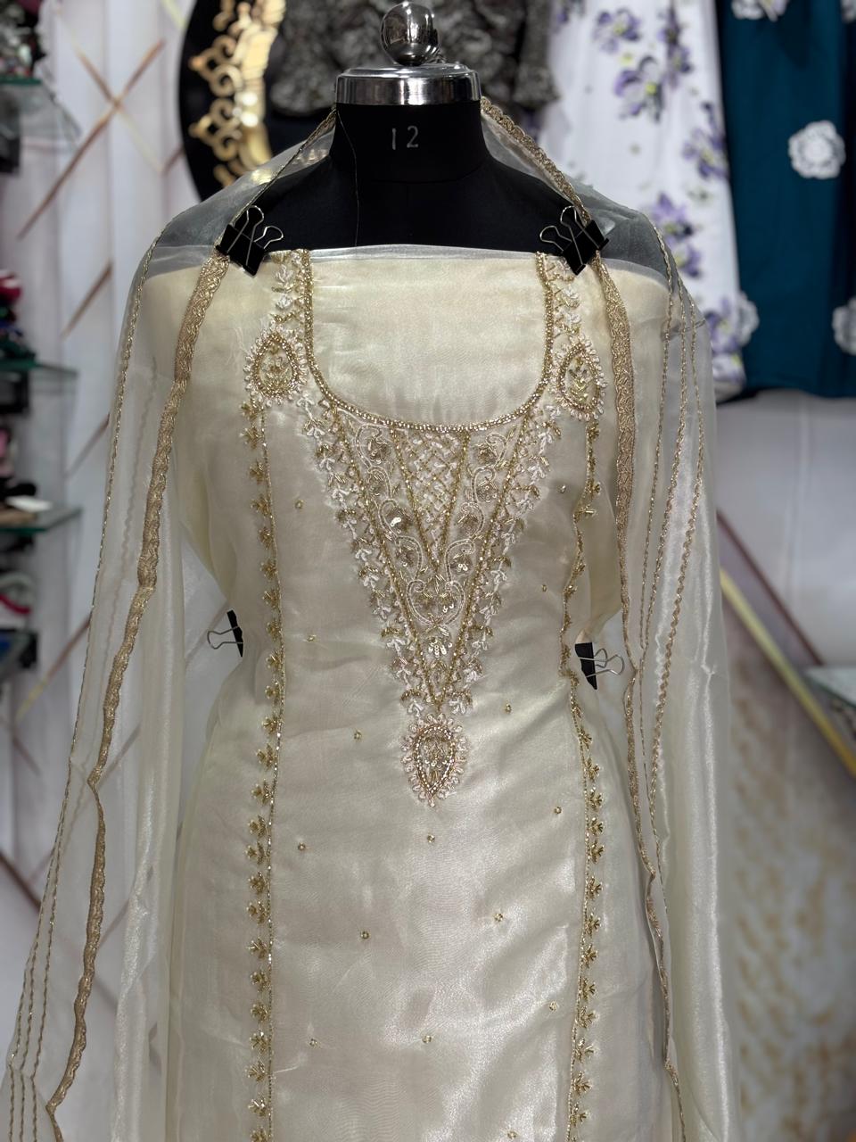 Off White Suit | Organza Stuff | Hand Work | Jaggo Wear | Party Wear | Ring Ceremony