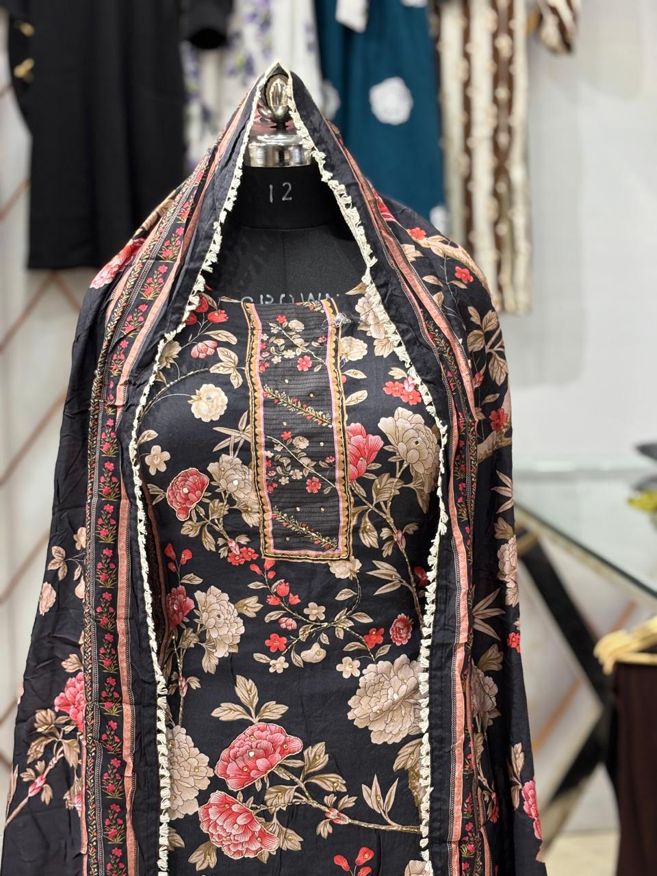AC185 | Floral Black Digital Printed Suit | Festivel Suit | Jaggo  | Office Wear | Casual Suit | Party Wear 