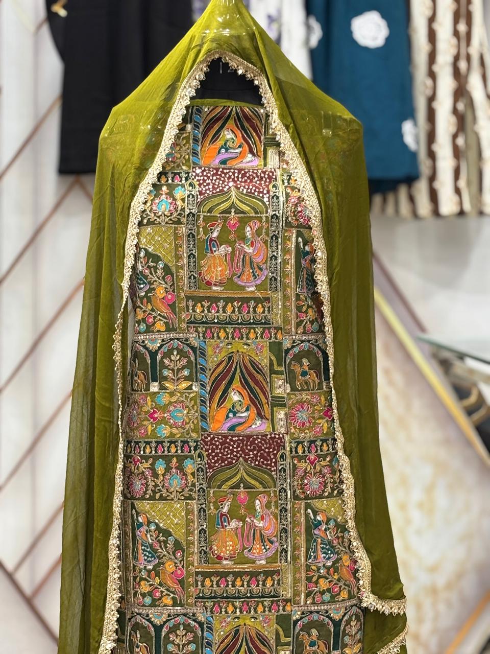 AC180 | Mehndi Shade Suit | Festivel Suit | Jaggo  | Office Wear | Casual Suit | Party Wear | Hand Work