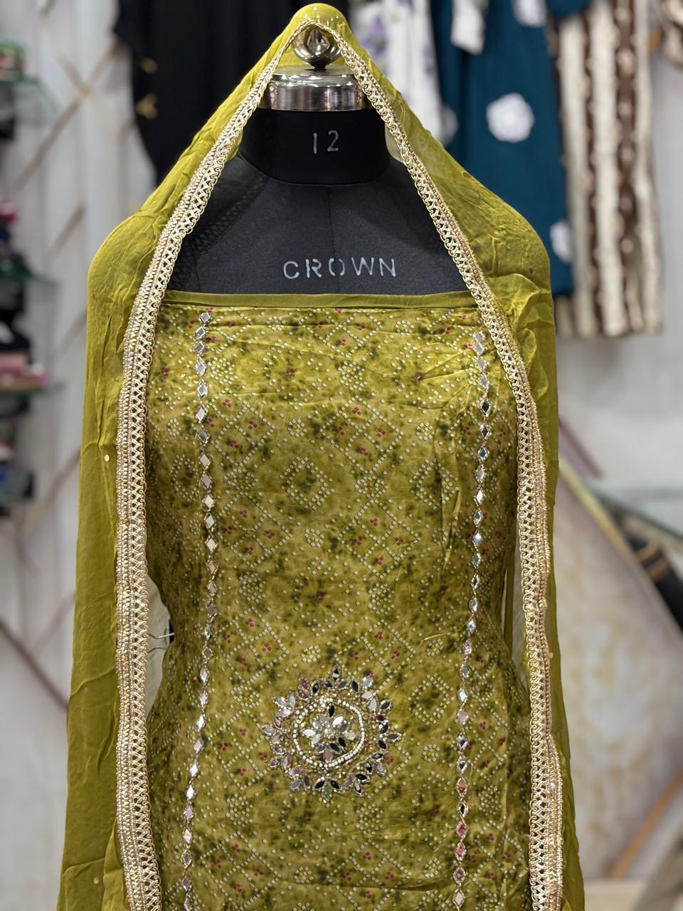 AC153 | Mehndi  Shade Suit | Festivel Suit | Jaggo  | Office Wear | Casual Suit | Party Wear 