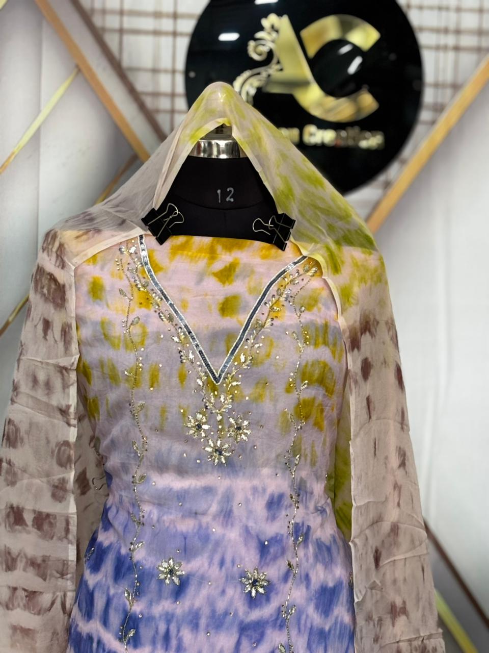 AC227 | Tie-Dye Embroidered Suit | Organza Handwork shirt with Pada silk bottom | Party wear suit |Ofrice Wear