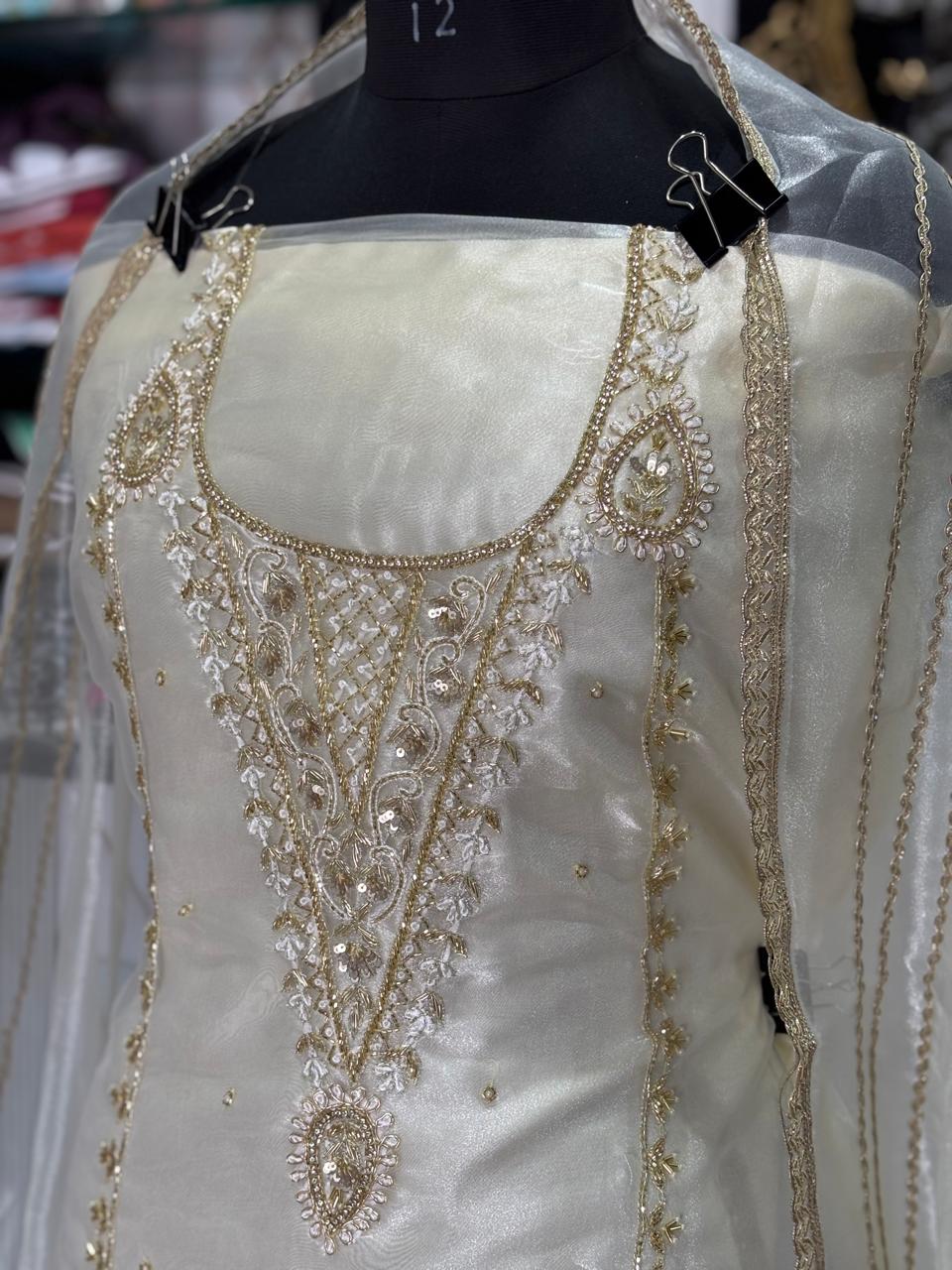 Off White Suit | Organza Stuff | Hand Work | Jaggo Wear | Party Wear | Ring Ceremony