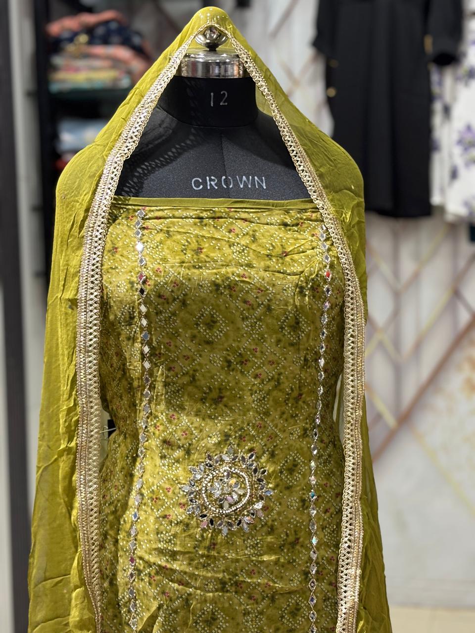 AC153 | Mehndi  Shade Suit | Festivel Suit | Jaggo  | Office Wear | Casual Suit | Party Wear 