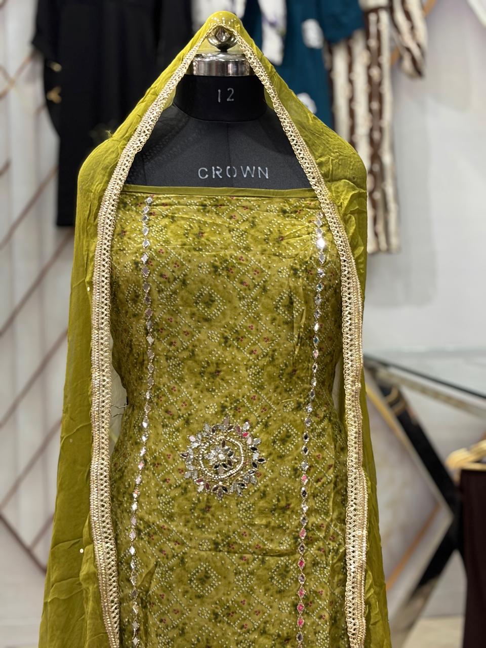 AC153 | Mehndi  Shade Suit | Festivel Suit | Jaggo  | Office Wear | Casual Suit | Party Wear 