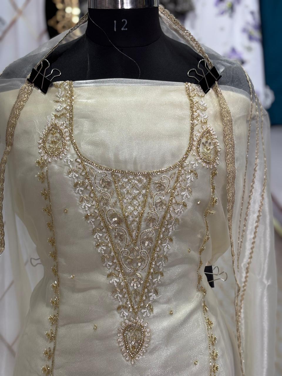 Off White Suit | Organza Stuff | Hand Work | Jaggo Wear | Party Wear | Ring Ceremony