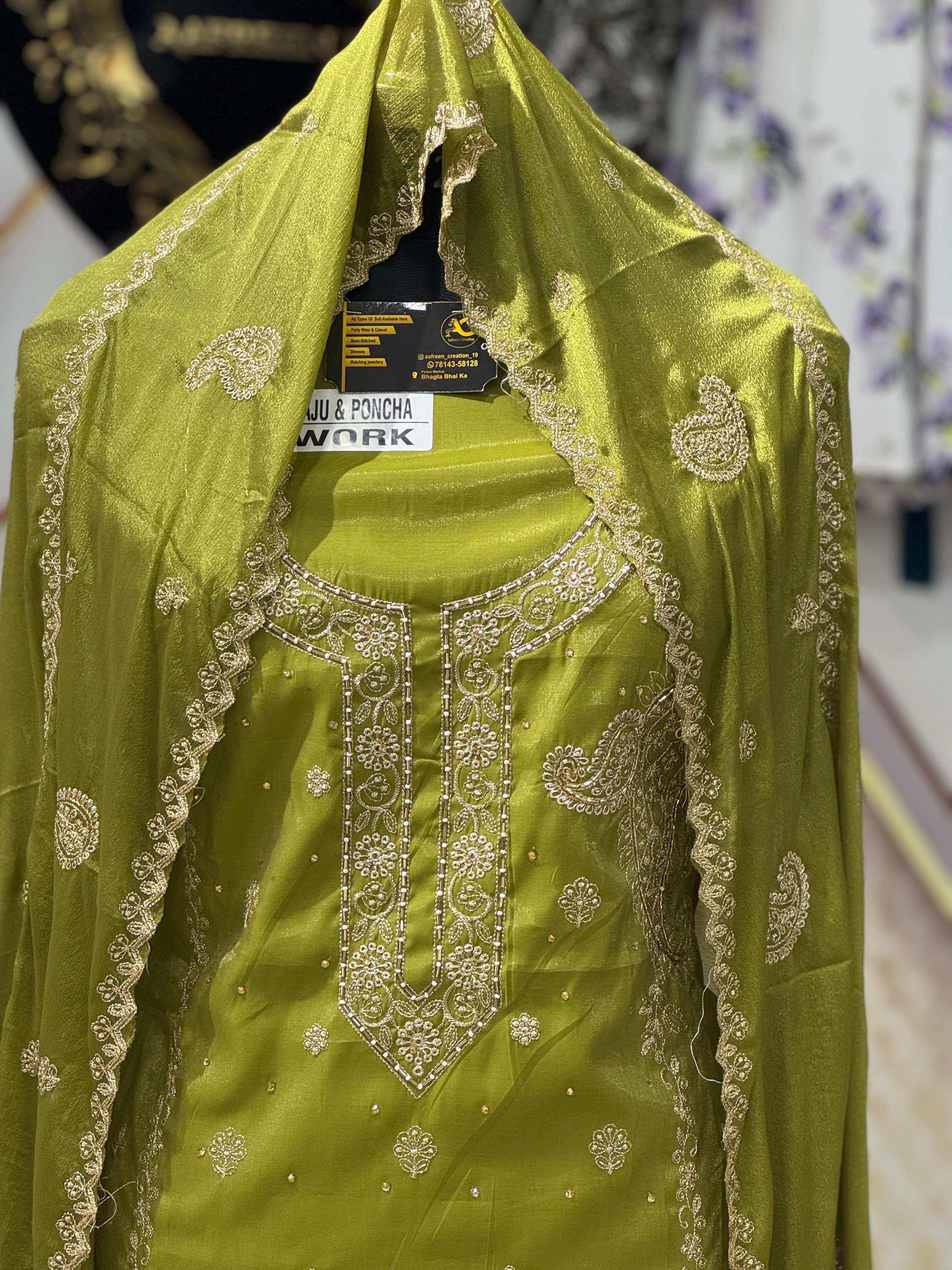 AC190 | Mehndi Shade Suit | Shimmer Stuff | Hand Work | Jaggo Wear | Ring Ceremony | Wedding Wear 