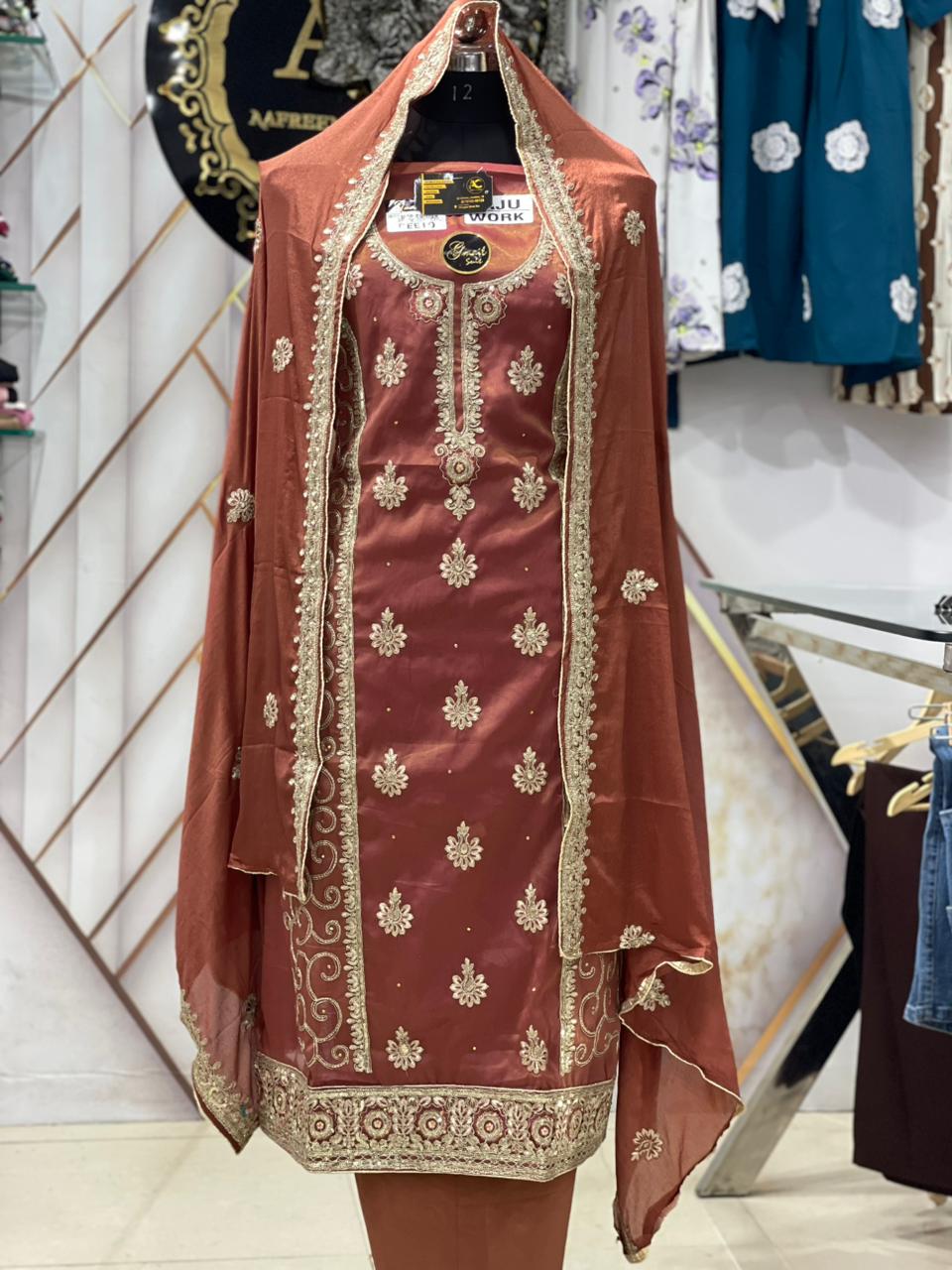 AC195 | Chocholate Shade | Shimmer Fabric | Hand Work | Jaggo  Wear | Party Wear | Ring Ceremony Suit | Wedding Suit 
