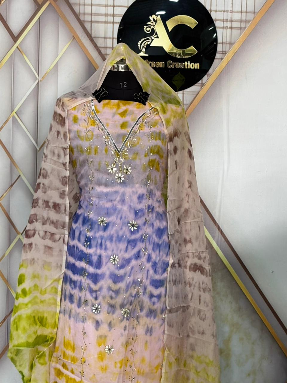 AC227 |  Tie-Dye Embroidered Suit | Organza Handwork shirt with Pada silk bottom | Party wear suit |Ofrice Wear