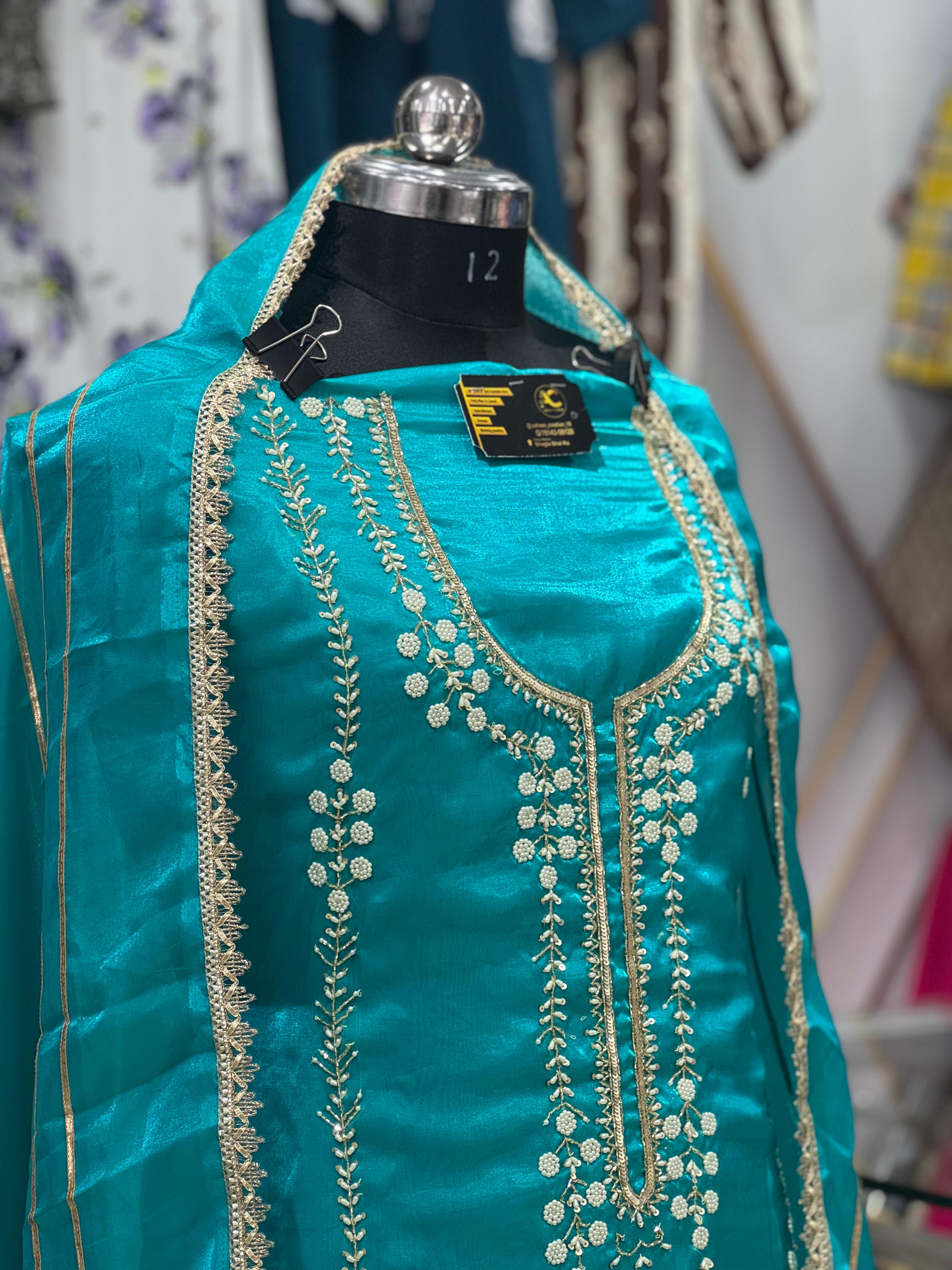 AC191 | Ferozi Shade Suit | Shimmer Stuff | Hand Work | jaggo wear | Party Wear | Ring Ceremony | Wedding Suit