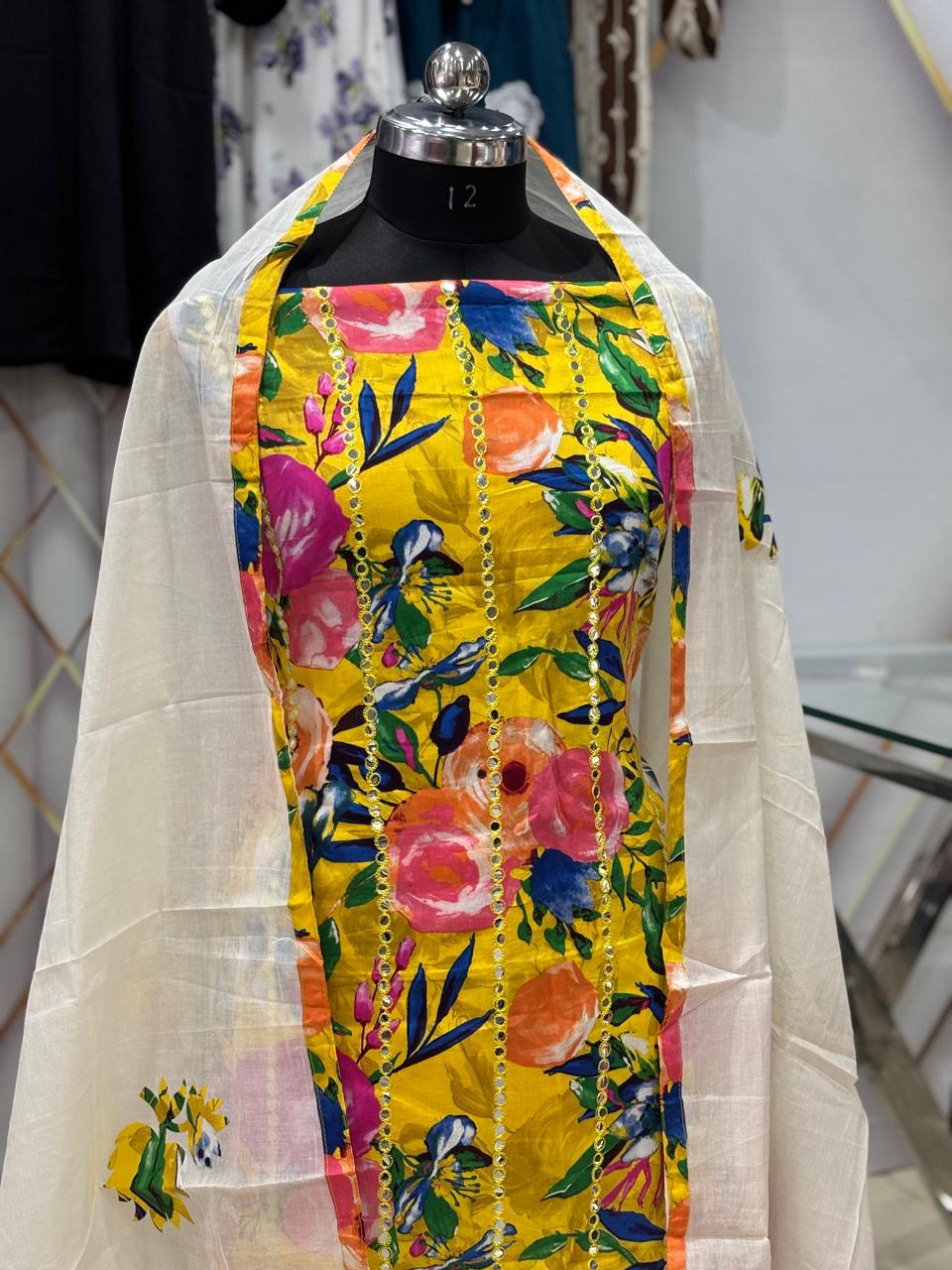 AC173 | Cotton Stuff | Floral Print Yellow Suit | Festivel Suit | Jaggo  | Office Wear | Casual Suit | Party Wear 