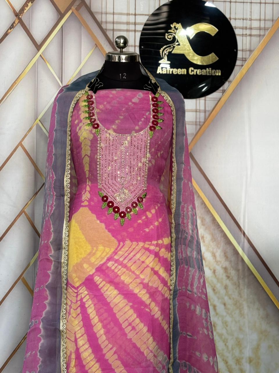 AC225 | Pink and Yellow Tie-Dye Salwar Suit | Niddle Work | Jaggo Wear