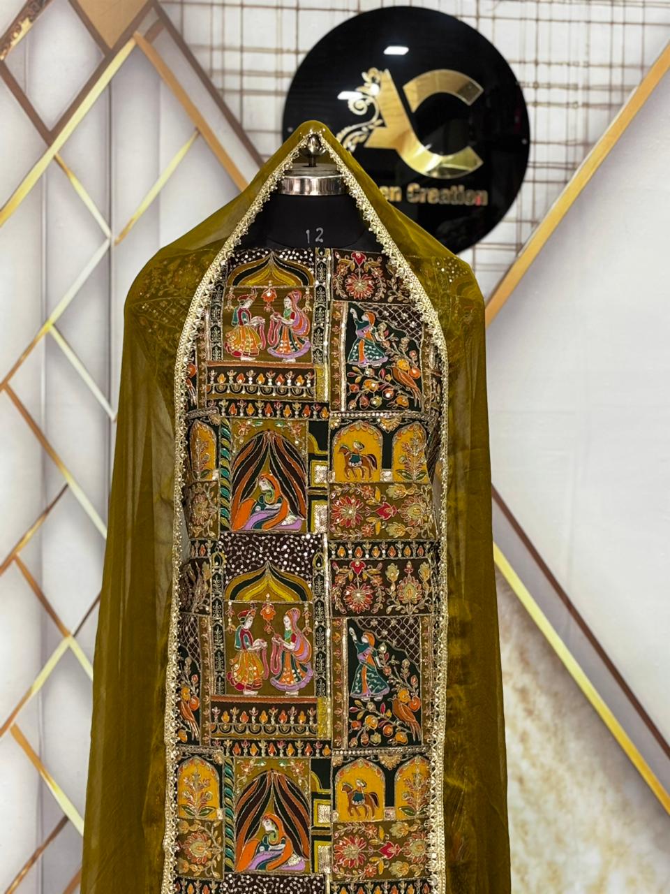 AC214 || Mehndi  Shade || Hand Work | Pure Creape  | Jaggo Wear | Party wear | 