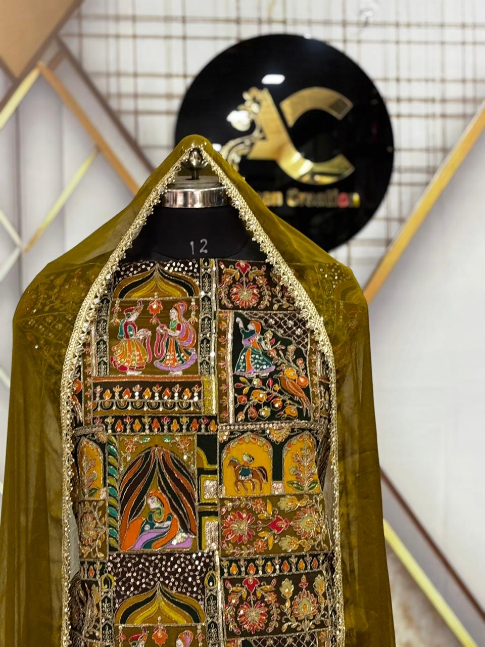 AC214 || Mehndi Shade || Hand Work | Pure Creape | Jaggo Wear | Party wear |