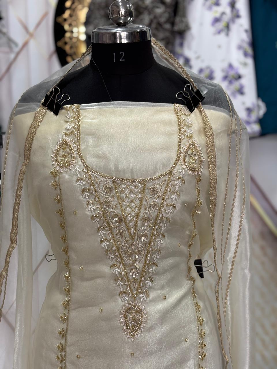 Off White Suit | Organza Stuff | Hand Work | Jaggo Wear | Party Wear | Ring Ceremony