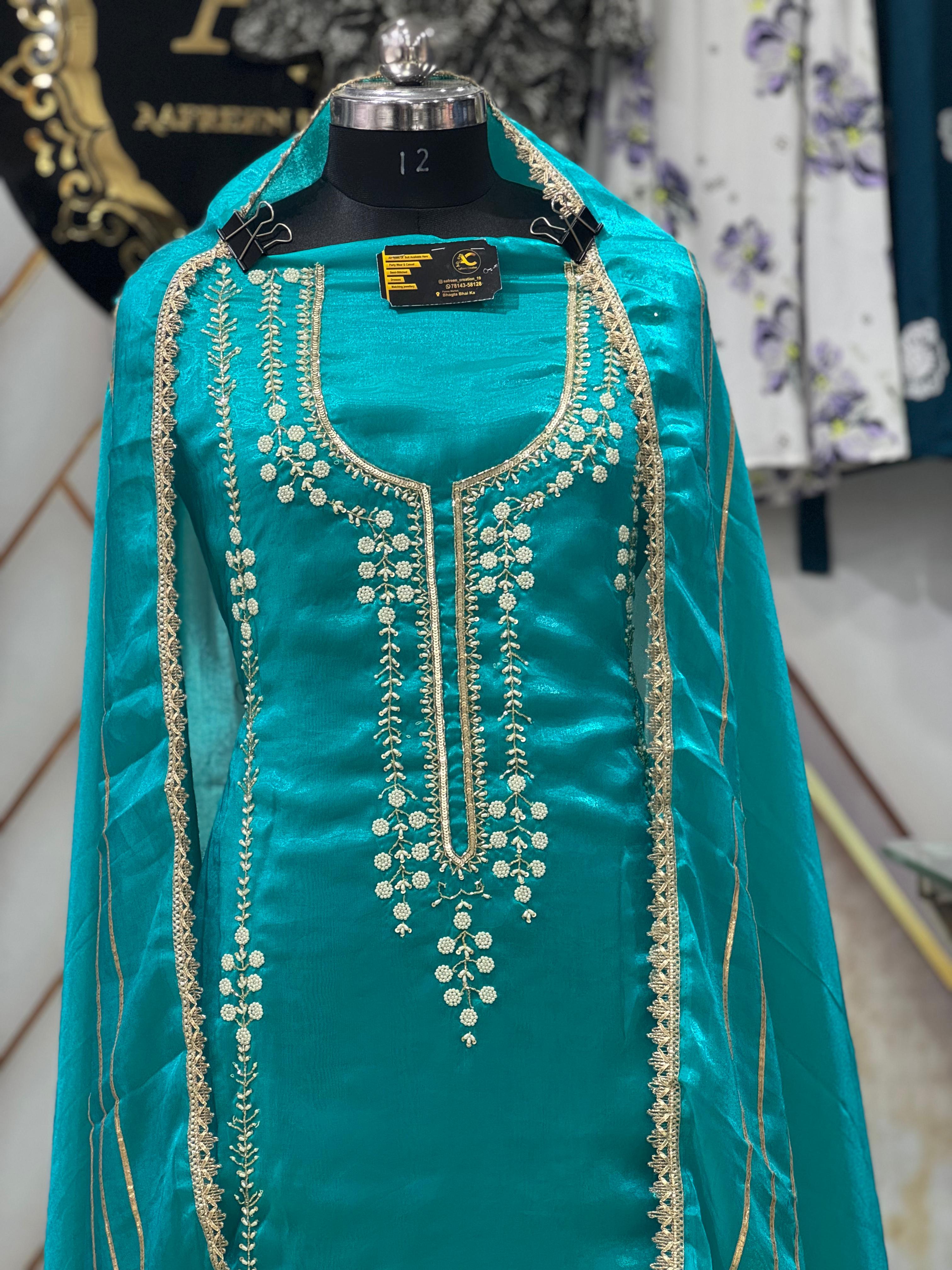 AC191 | Ferozi Shade Suit | Shimmer Stuff | Hand Work | jaggo wear | Party Wear | Ring Ceremony | Wedding Suit