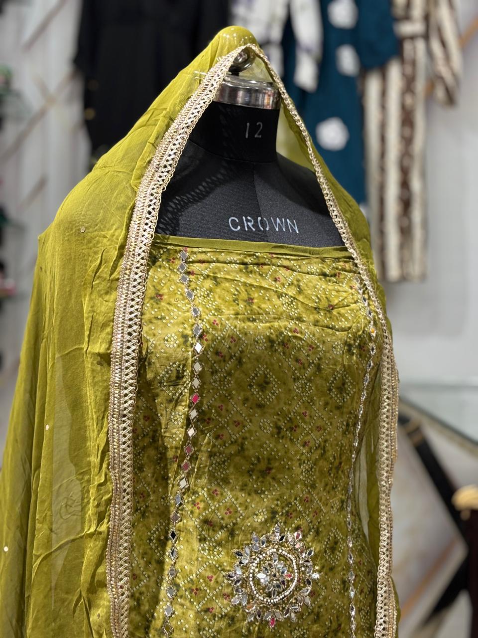 AC153 | Mehndi  Shade Suit | Festivel Suit | Jaggo  | Office Wear | Casual Suit | Party Wear 
