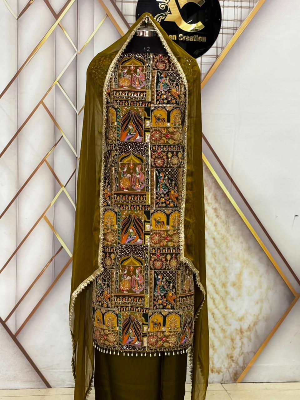 AC214 || Mehndi  Shade || Hand Work | Pure Creape  | Jaggo Wear | Party wear | 