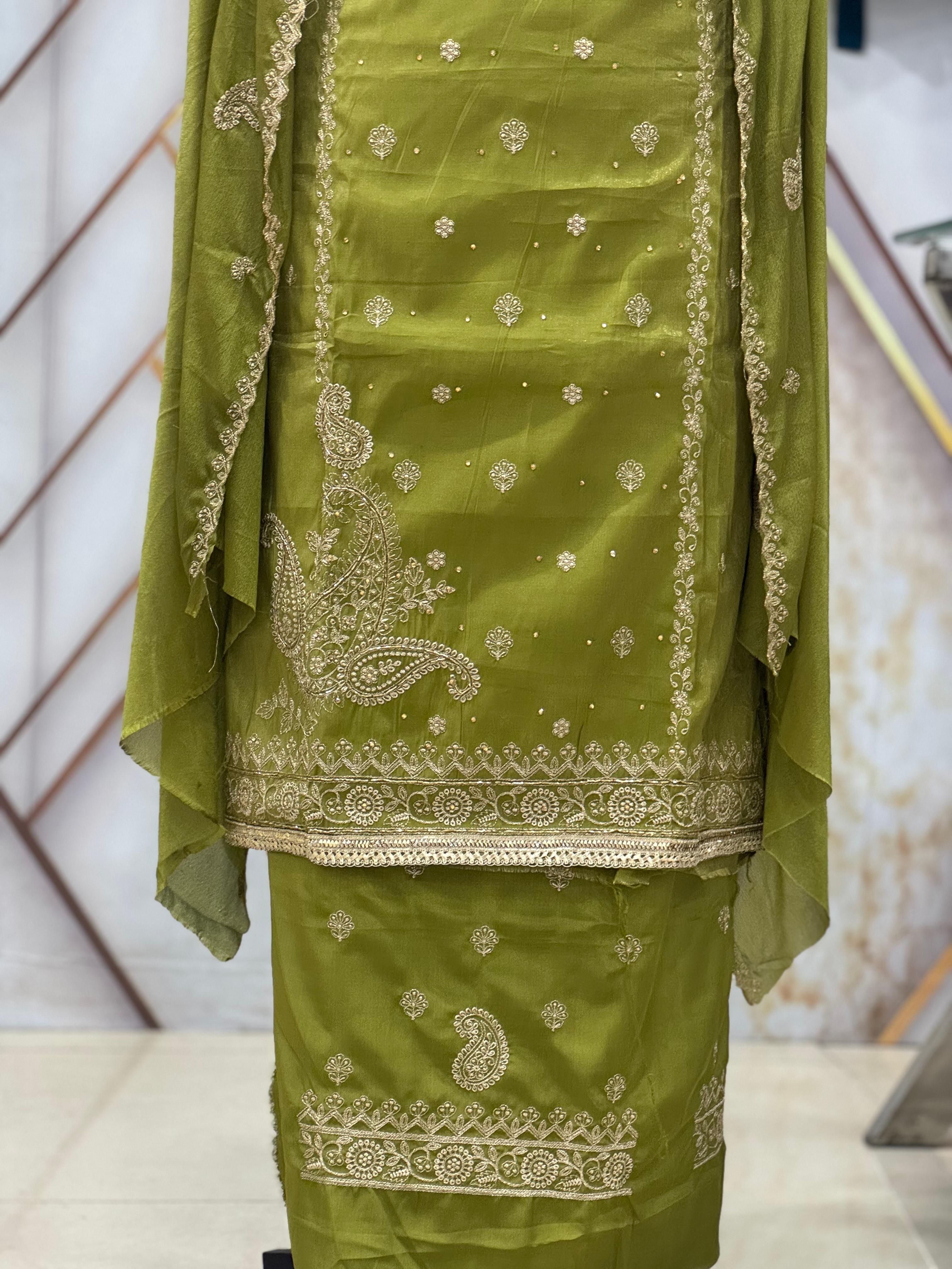 AC190 | Mehndi Shade Suit | Shimmer Stuff | Hand Work | Jaggo Wear | Ring Ceremony | Wedding Wear 