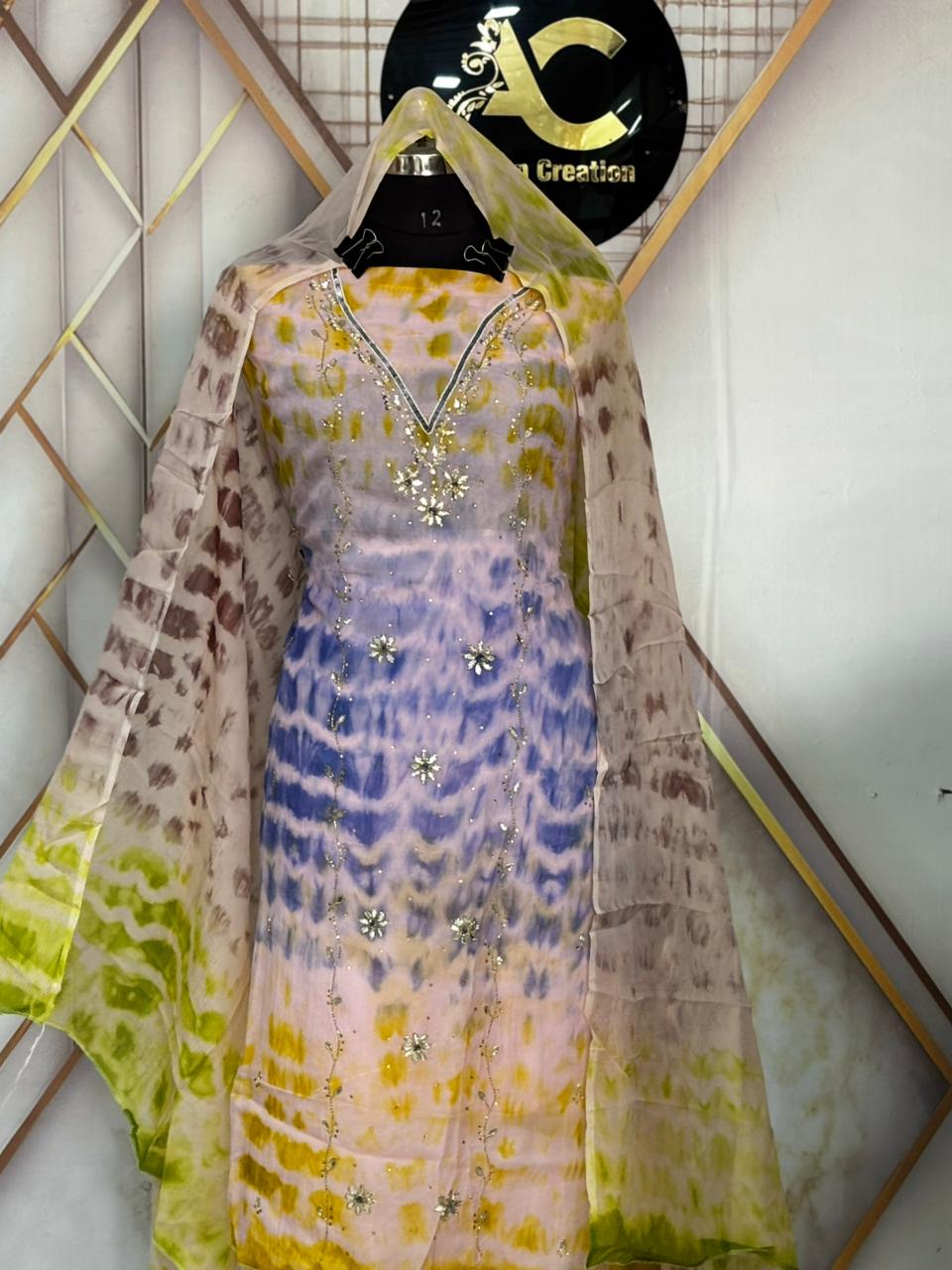 AC227 |  Tie-Dye Embroidered Suit | Organza Handwork shirt with Pada silk bottom | Party wear suit |Ofrice Wear