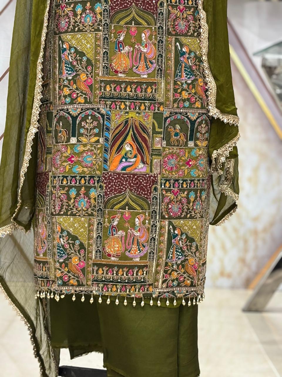 AC180 | Mehndi Shade Suit | Festivel Suit | Jaggo  | Office Wear | Casual Suit | Party Wear | Hand Work