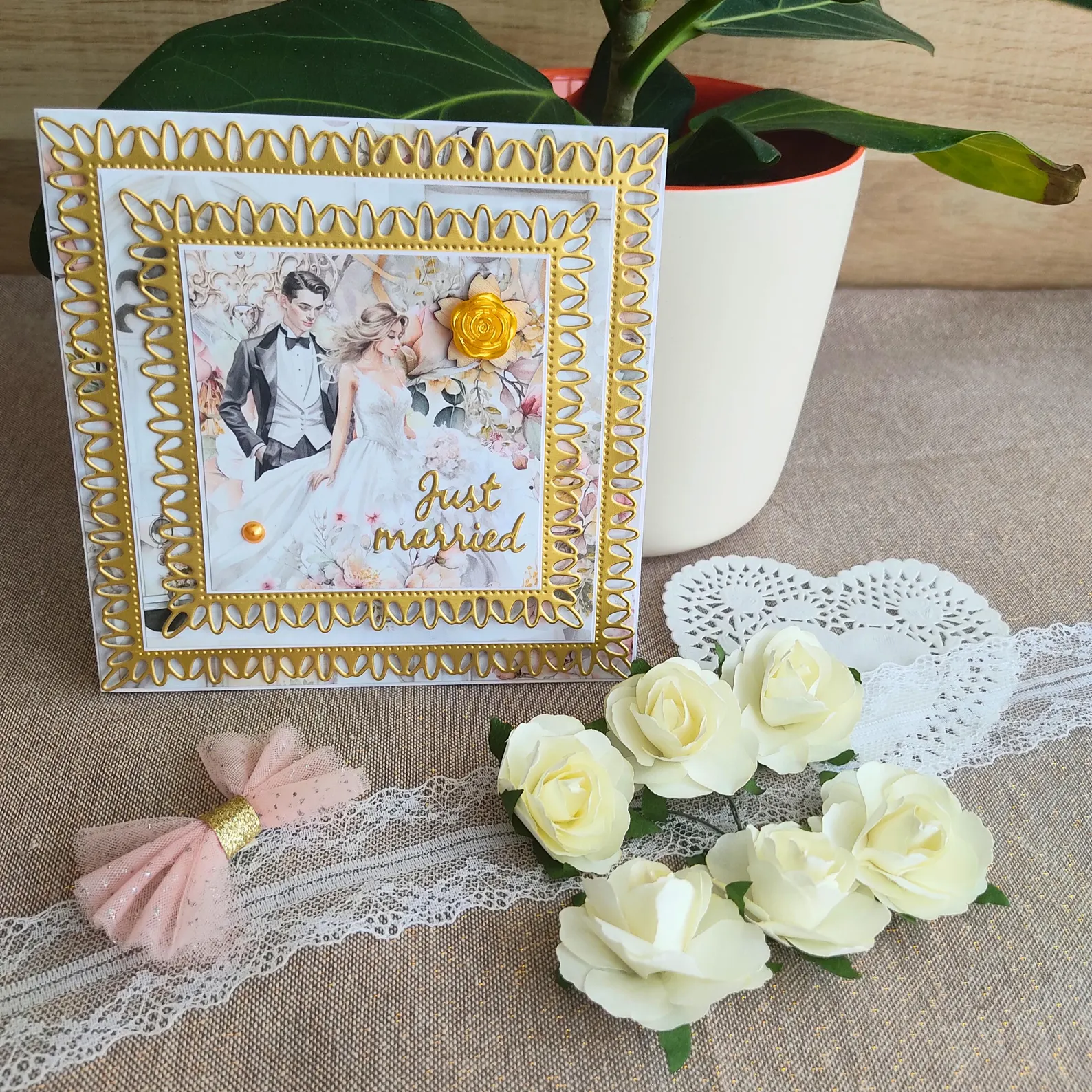 Carte de félicitations Mariage bohème chic élégante "Just Married" 