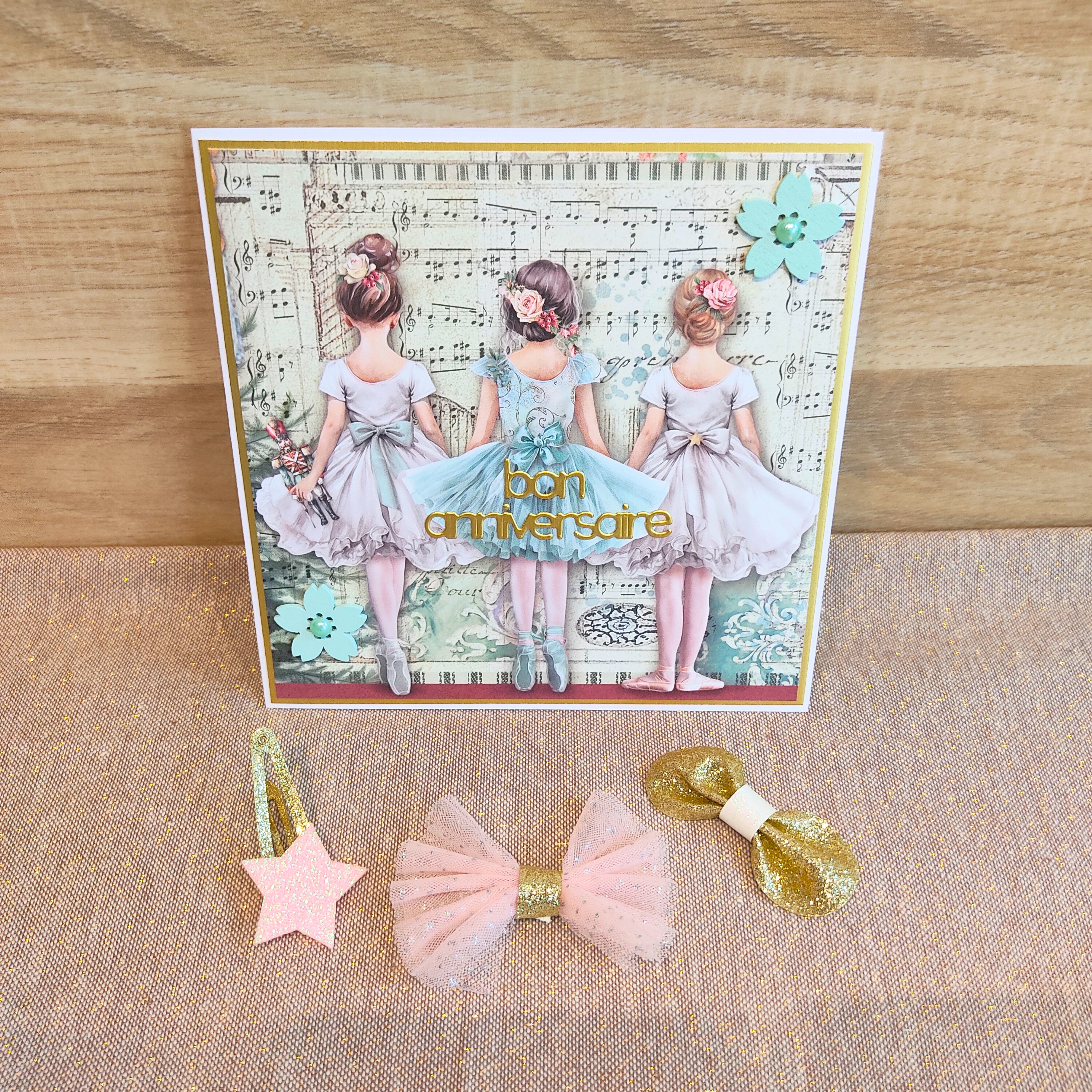 Carte d'anniversaire raffinée "Les 3 ballerines" - Version Verte 