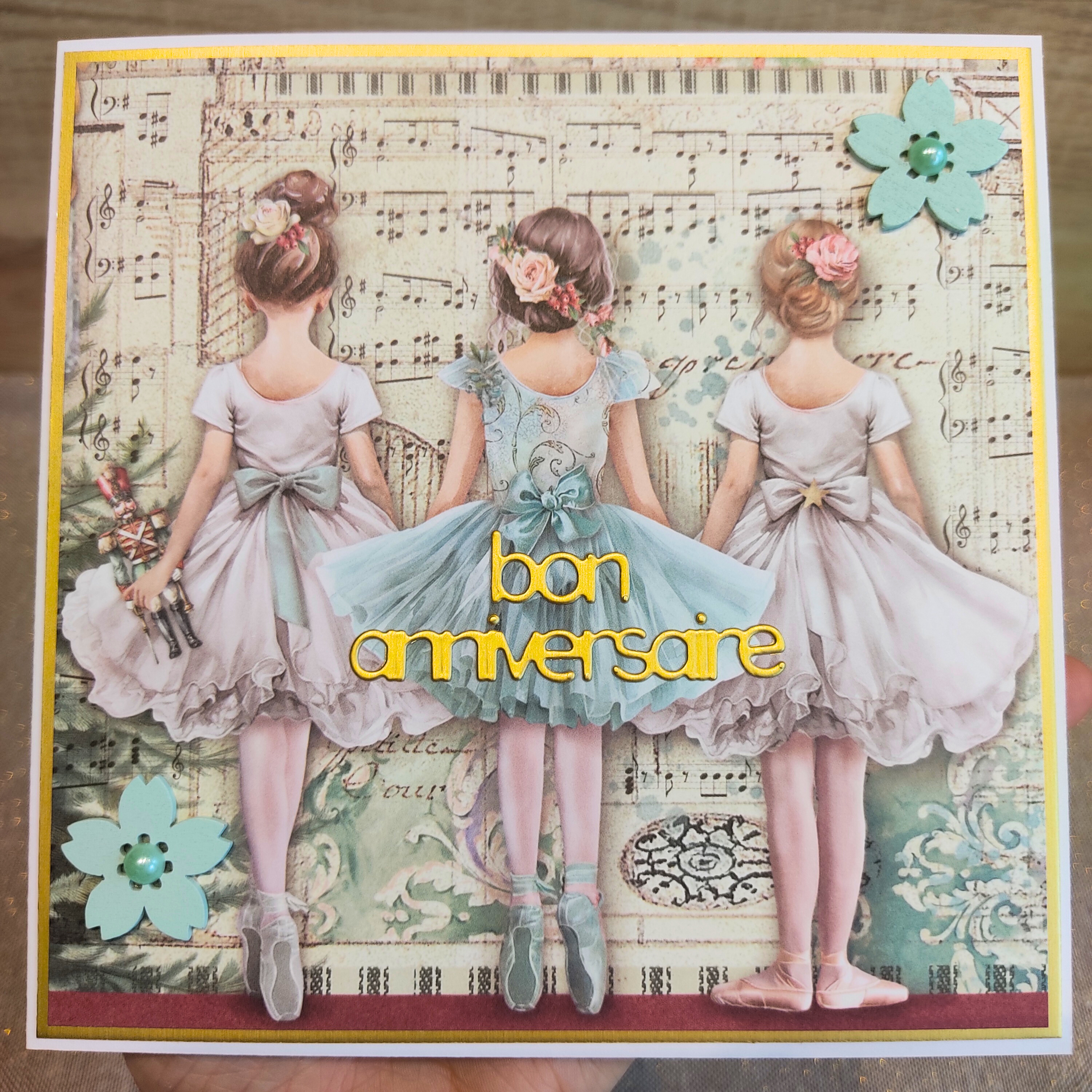 Carte d'anniversaire raffinée "Les 3 ballerines" - Version Verte 