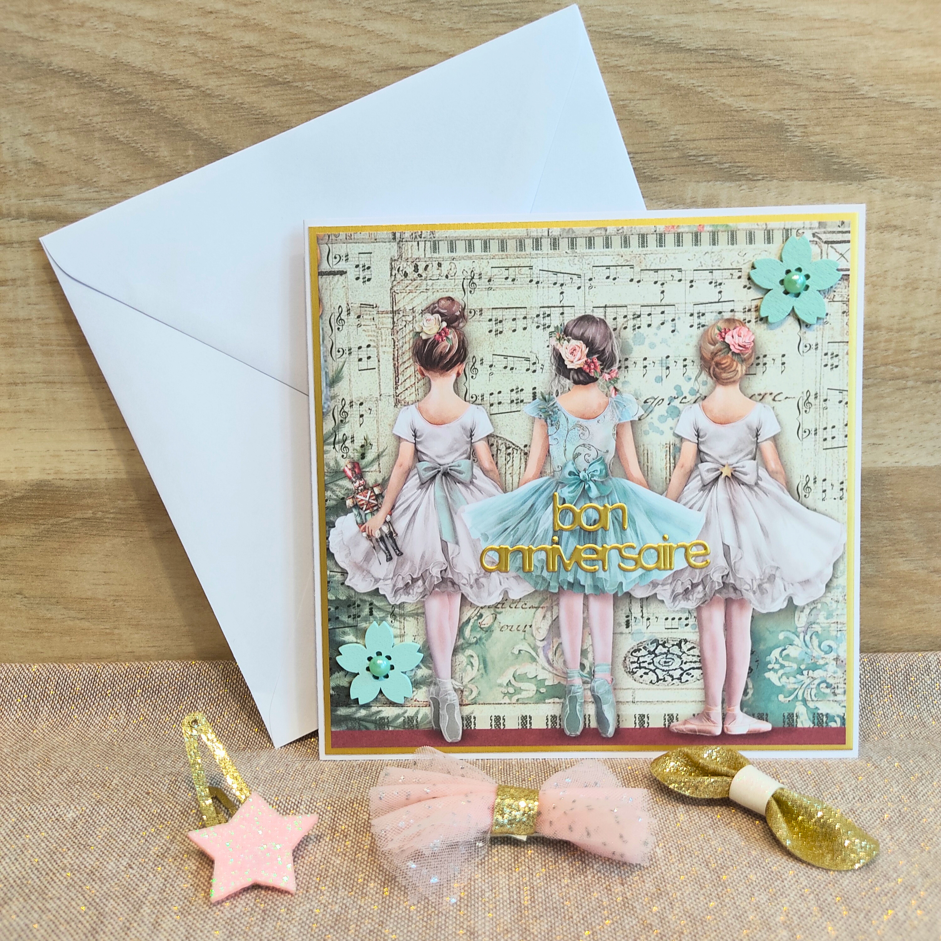 Carte d'anniversaire raffinée "Les 3 ballerines" - Version Verte 
