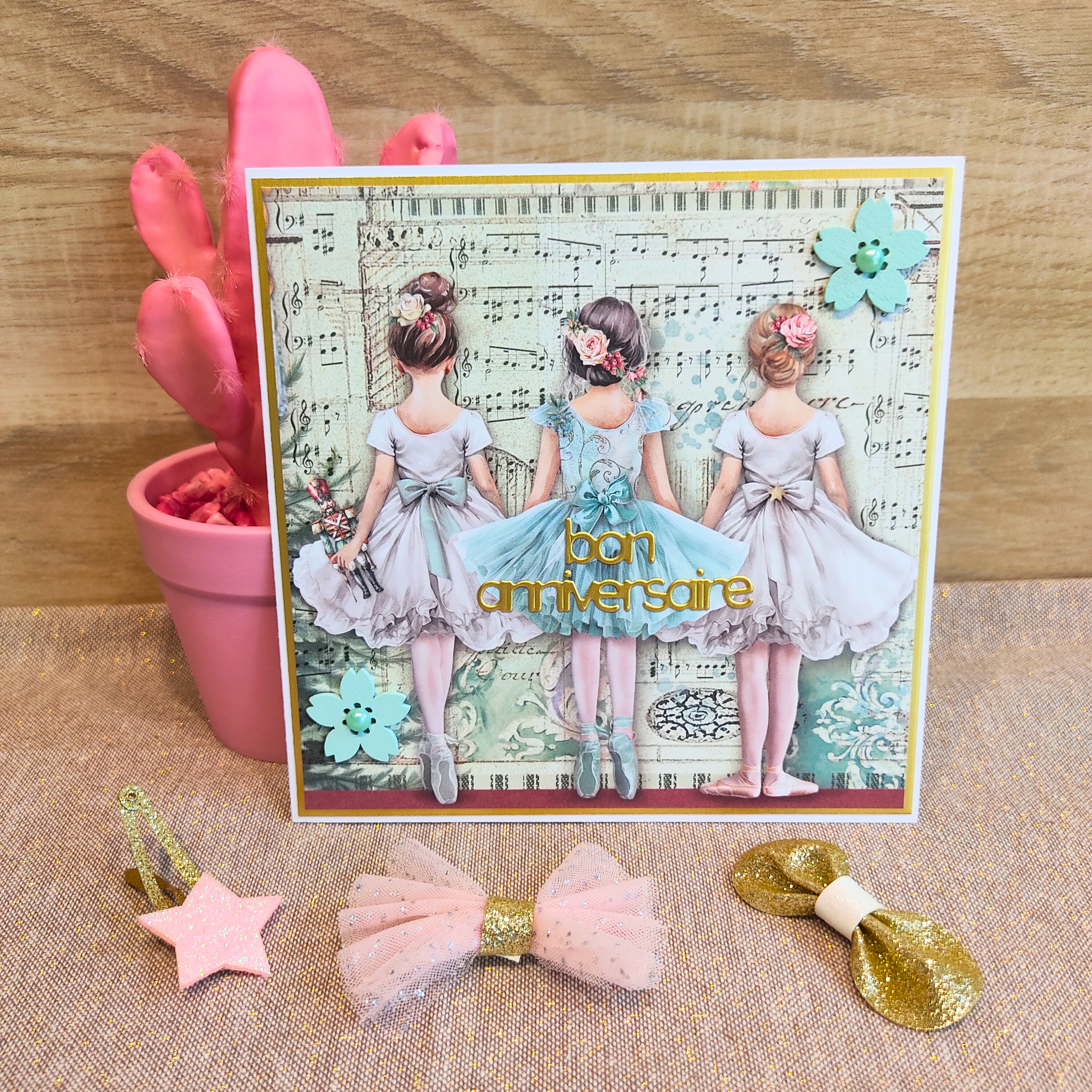Carte d'anniversaire raffinée "Les 3 ballerines" - Version Verte 