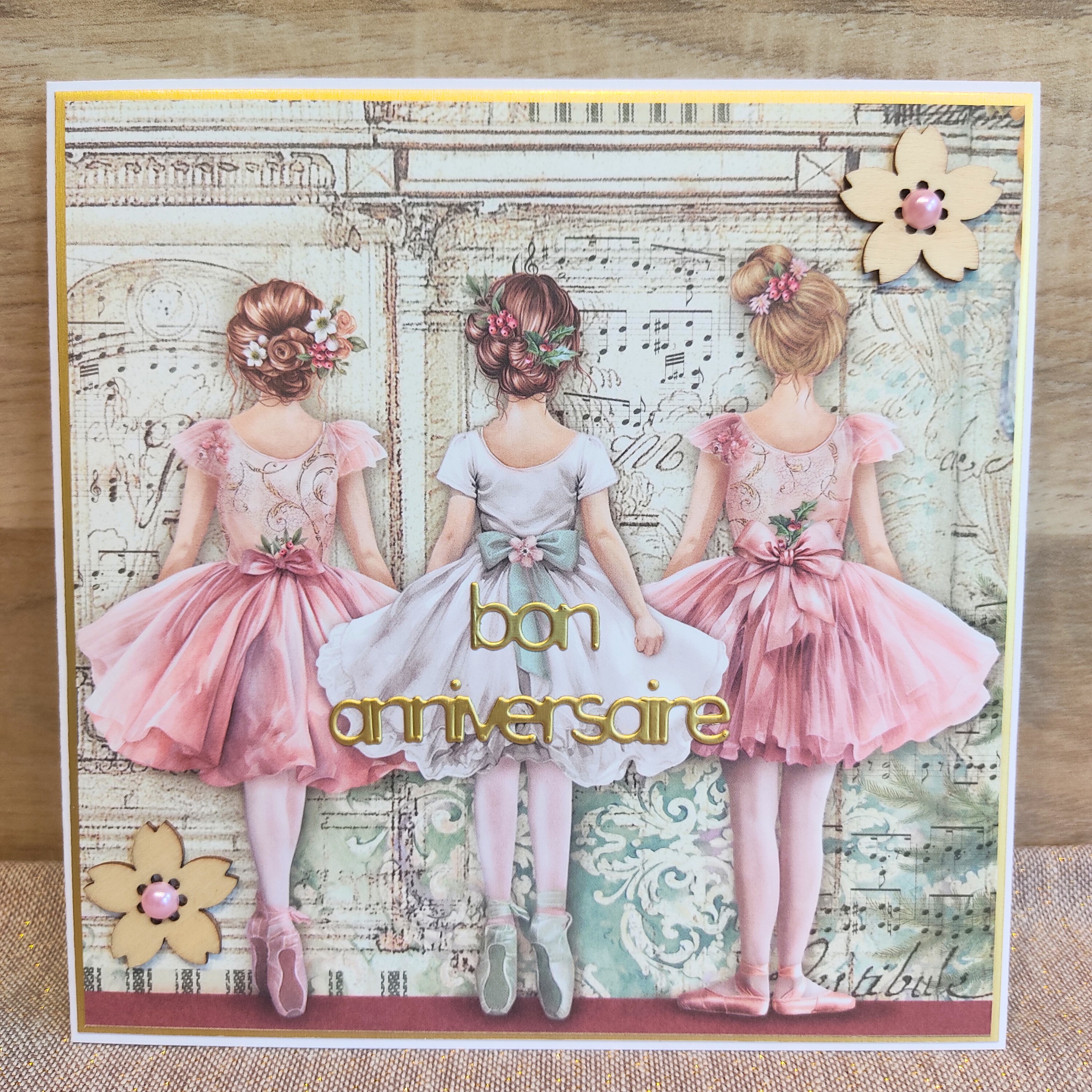 Carte d'anniversaire raffinée "Les 3 ballerines" - Version Rose 