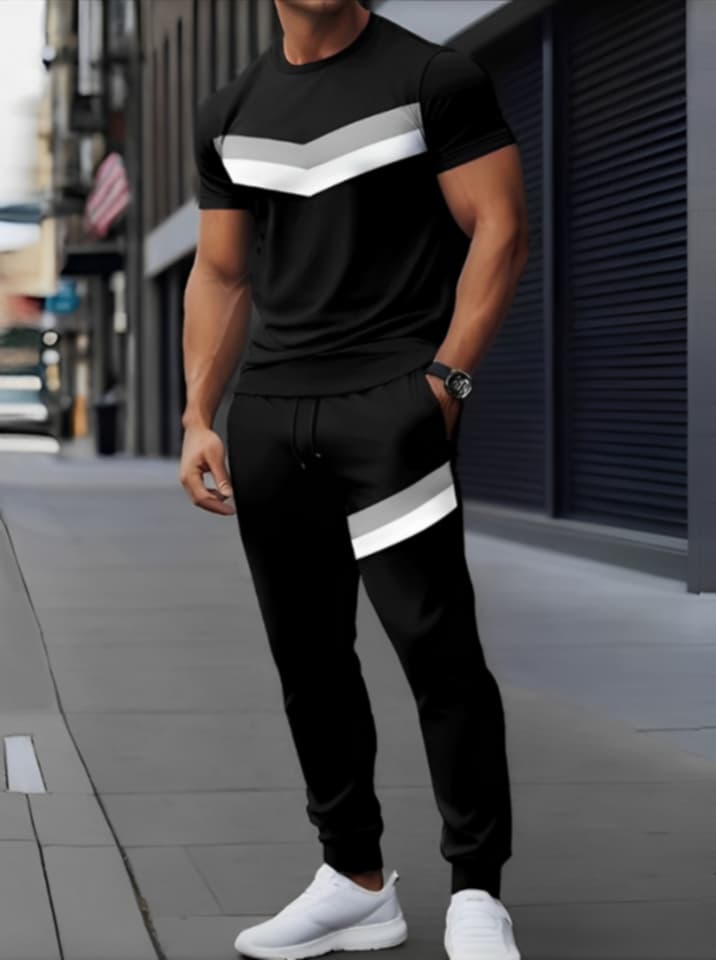 Men's Micro Two-Piece Plain Round Neck Set - Black