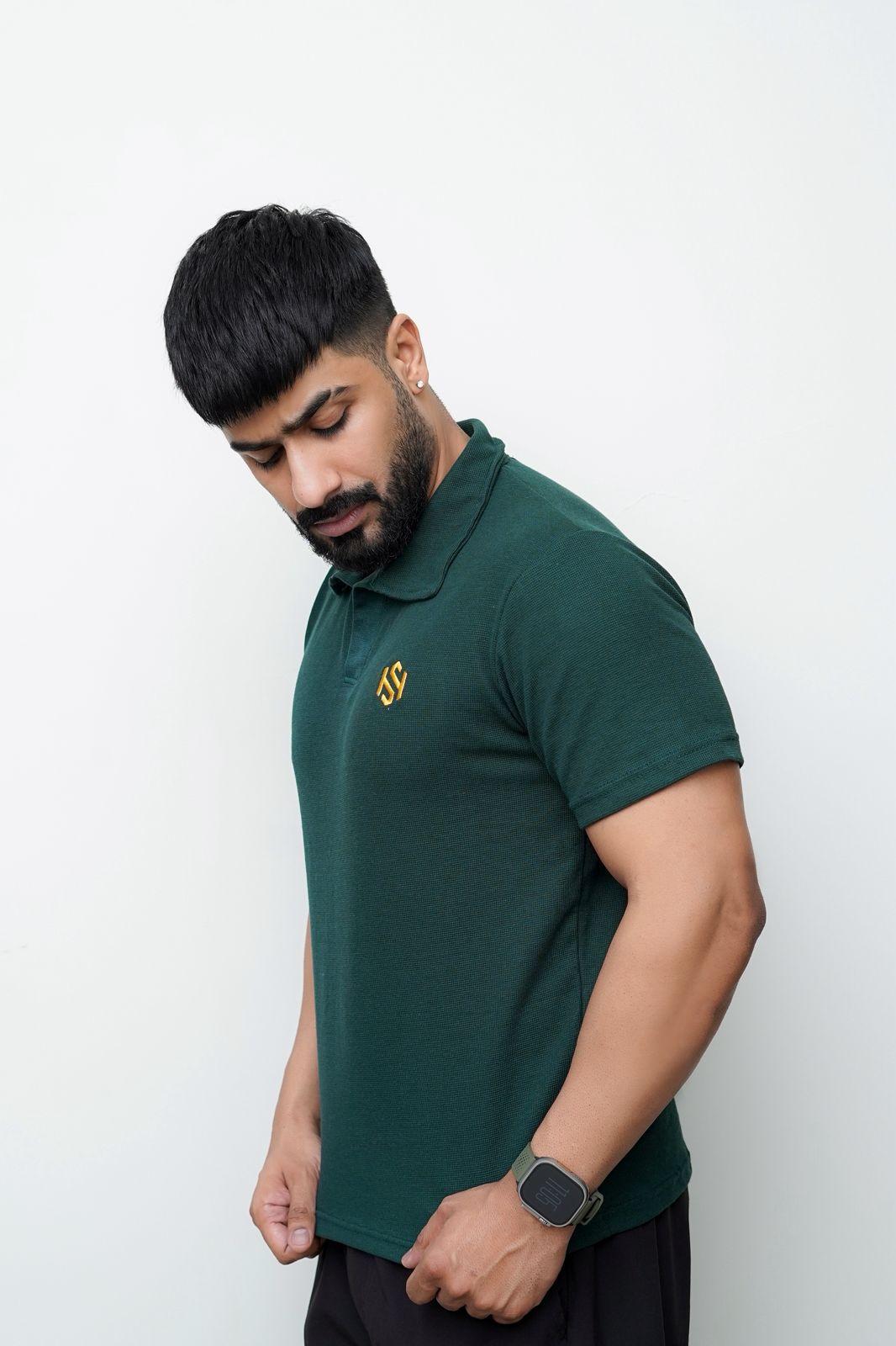 Men's Green Waffle Knit Polo Shirt - 1 Pc, Collared Style